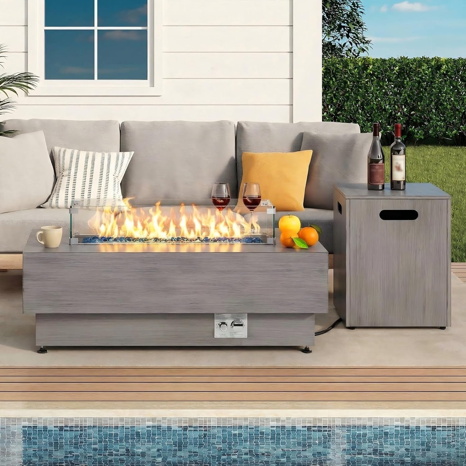 IRONCK 43-inch Outdoor Propane Fire Pit Table w Tank Table, Vintage Gray | CSA Certified, 2 in 1 Rectangular Patio Fire Pit with Glass Rocks, Wind Guard and Cover, 50000 BTU Outside Heater for Pool
