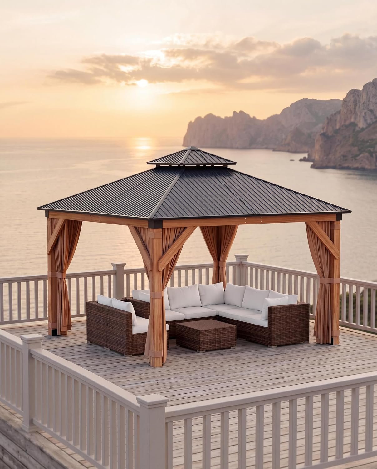 Hardtop Wood Gazebo 10 x 10 ft, with Double Metal Roof, Net, and Curtain, Permanent Building for Patio, Deck, Backyard, Lawn, and Garden