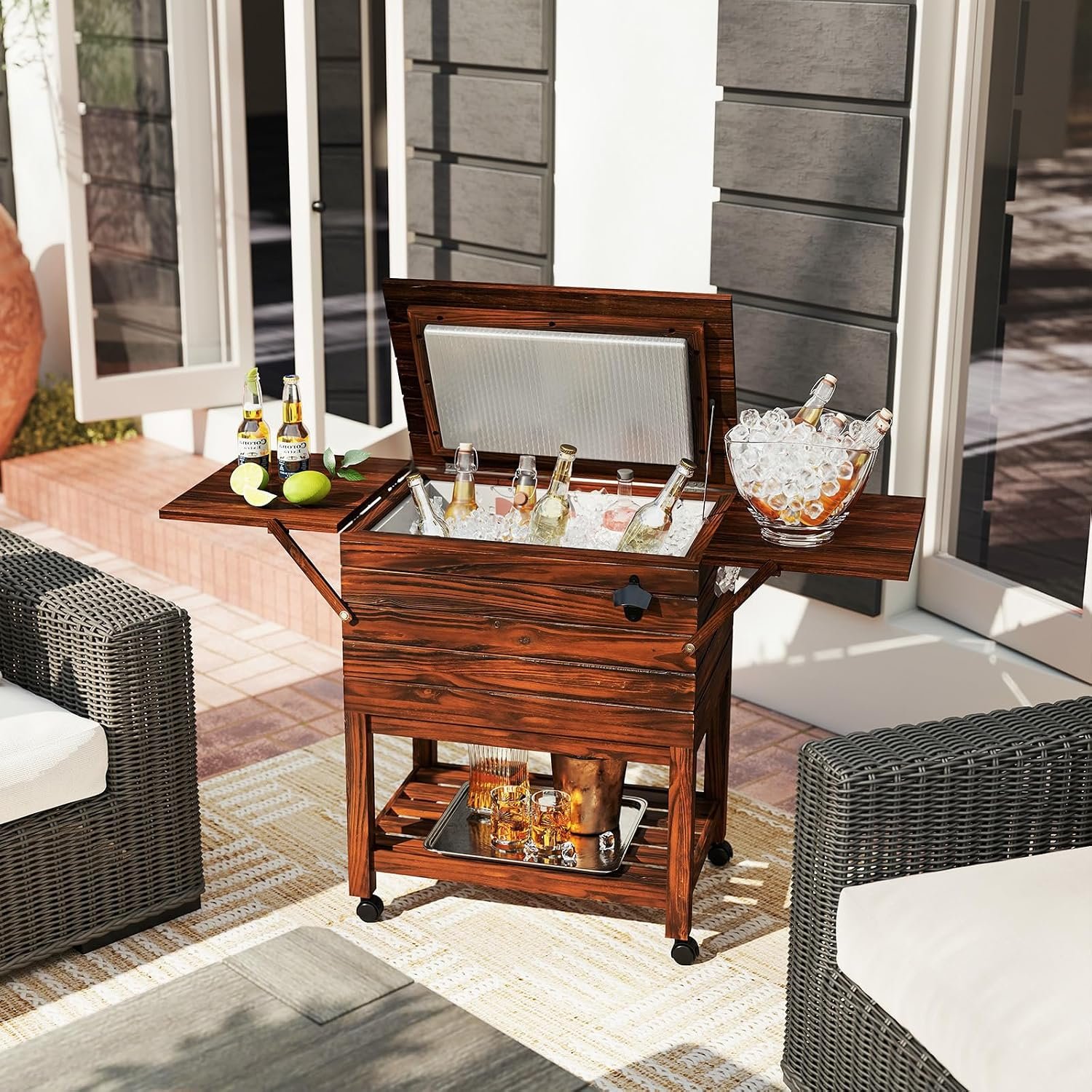 Tangkula Wooden Patio Cooler Cart, Outdoor Ice Chest Beverage Bar Cart with Bottle Opener, Patio Cooler On Wheels w/Drain Plug & Handles for Poolside, Backyard, Party, BBQ (Brown)