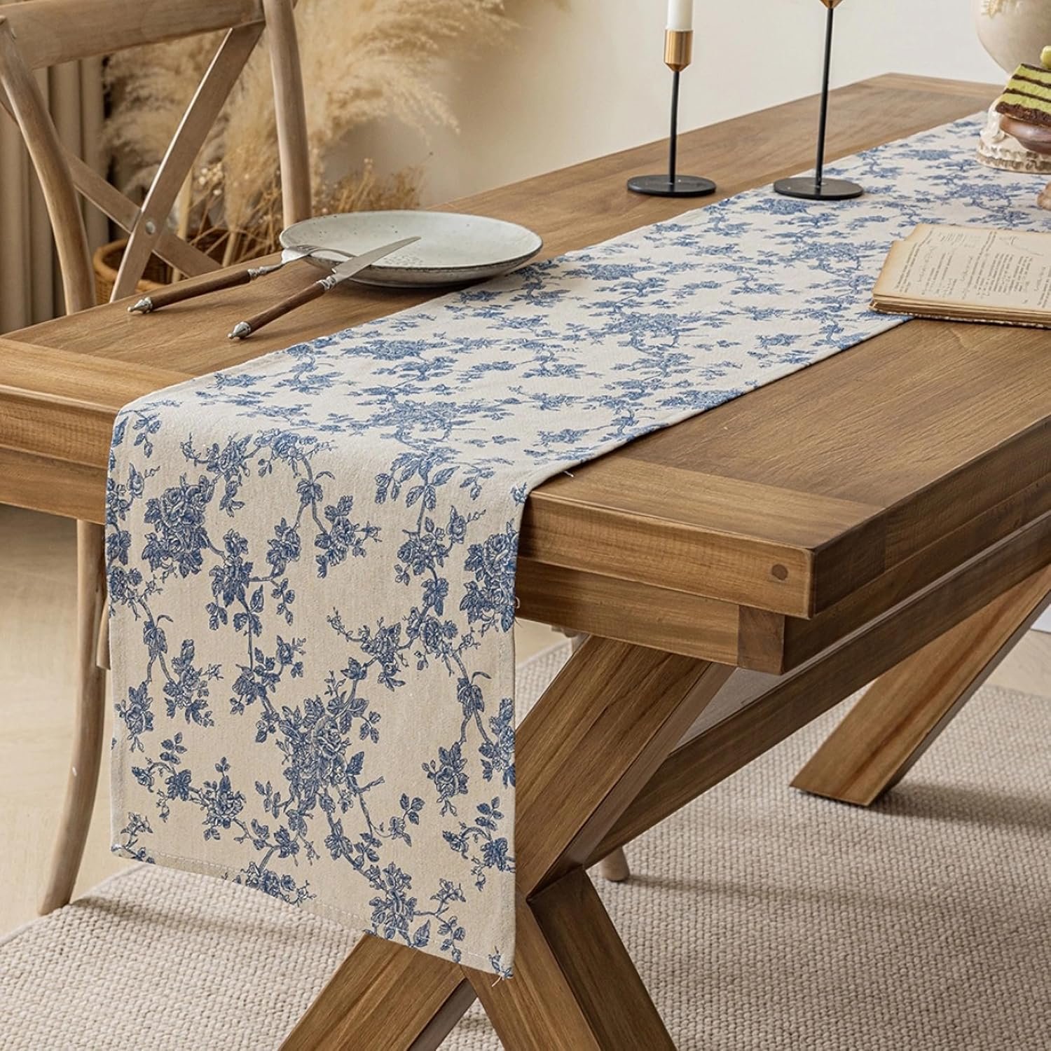 Pastoral Table Runner – 14 x 72 Inch Rectangle – Washable Tabletop with Dust-Proof Wrinkle Resistant for Restaurant, Picnic, Indoor and Outdoor Dining, Floral (Dark Blue)