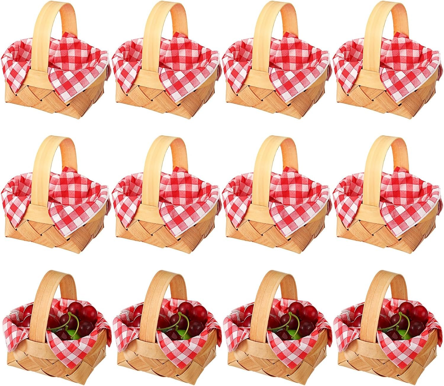 Geelin 12 Pcs Summer Mini Woven Picnic Basket Party Favor Red White Gingham Paper Napkins Wood Chip Mini Flower Fruit Picnic Basket Chip for Summer Wedding Party Baby Shower Decoration (Medium)