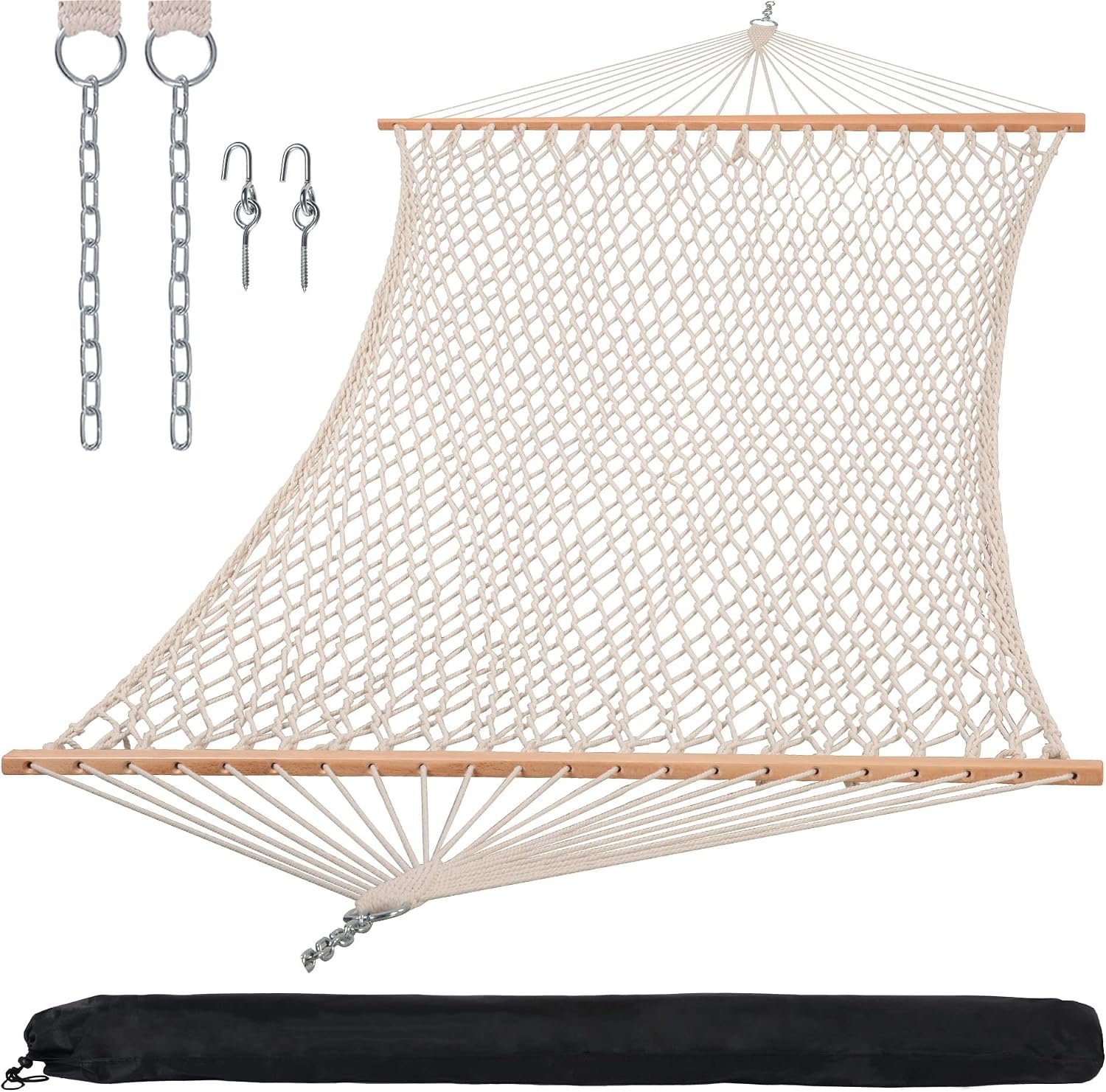 SUNCREAT Hammocks Traditional Rope Double Hammock with Hardwood Spreader Bar and Carrying Bag, 450 lbs Capacity, Natural