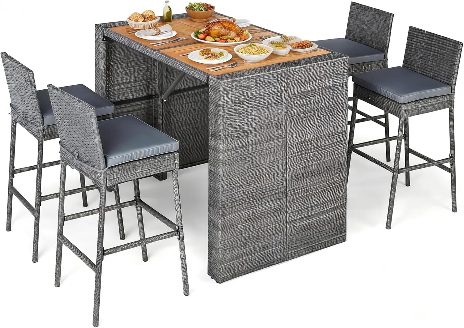 RELAX4LIFE 5-Piece Outdoor Bar Set – Wicker Rattan Bar Height Dining Table | Grey PE Rattan, Acacia Wood Tabletop 4 Cushioned Bar Stools with Backrest Footrest; Backyard Patio Bistro Outdoor Furniture
