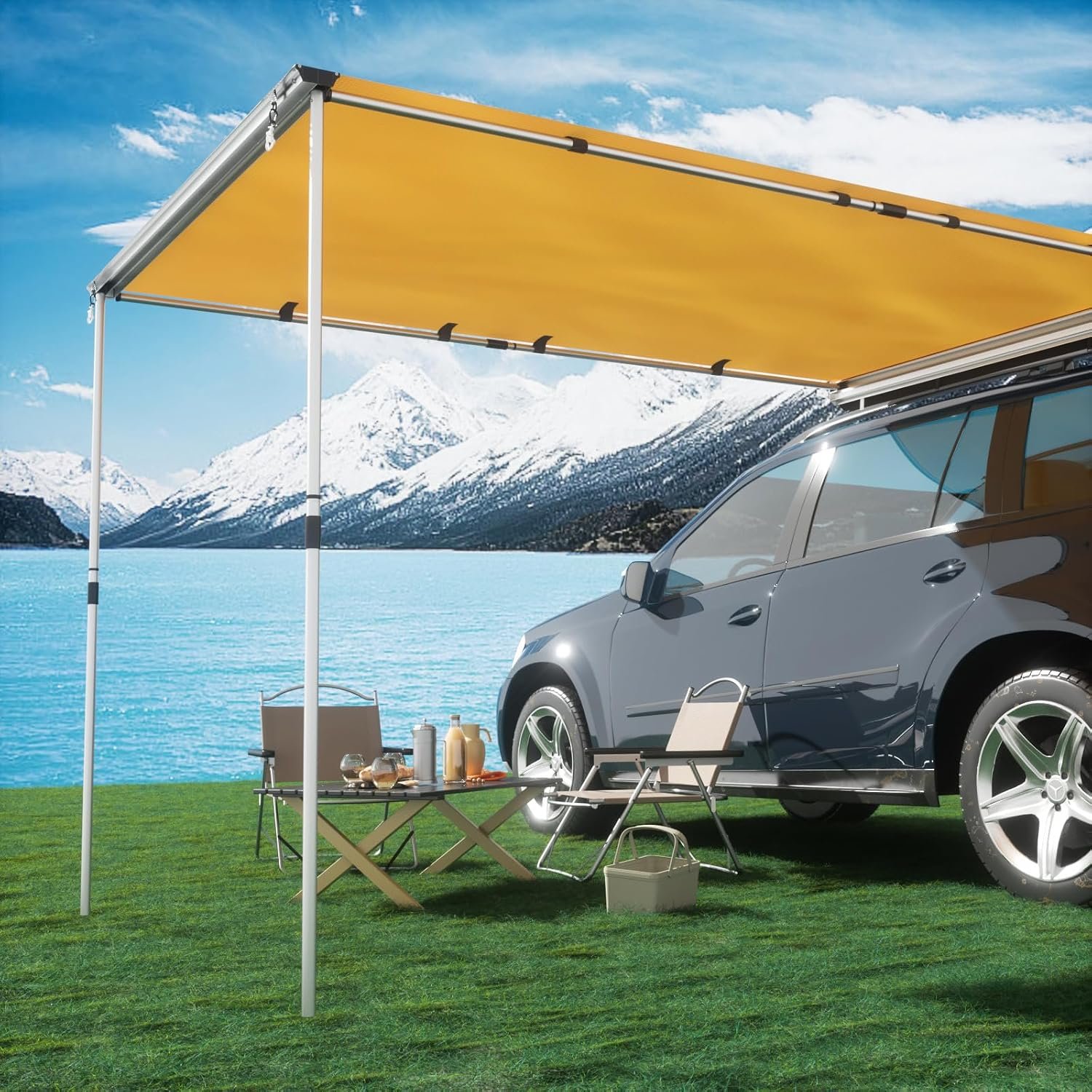 Timber Ridge Car Awning Camper Awning 8.2X6.5ft Truck Tent Waterproof PU10000mm UV50+ Rooftop Overland Camping, Retractable Side Tent Shade for Car/SUV/Truck/Van, Beige