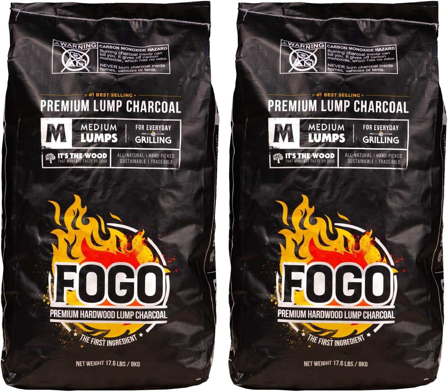 FOGO Premium Hardwood Lump Charcoal, Natural, Medium Sized Lump Charcoal for Grilling and Smoking, Restaurant Quality, 17.6 Pound Bag, 2-Pack