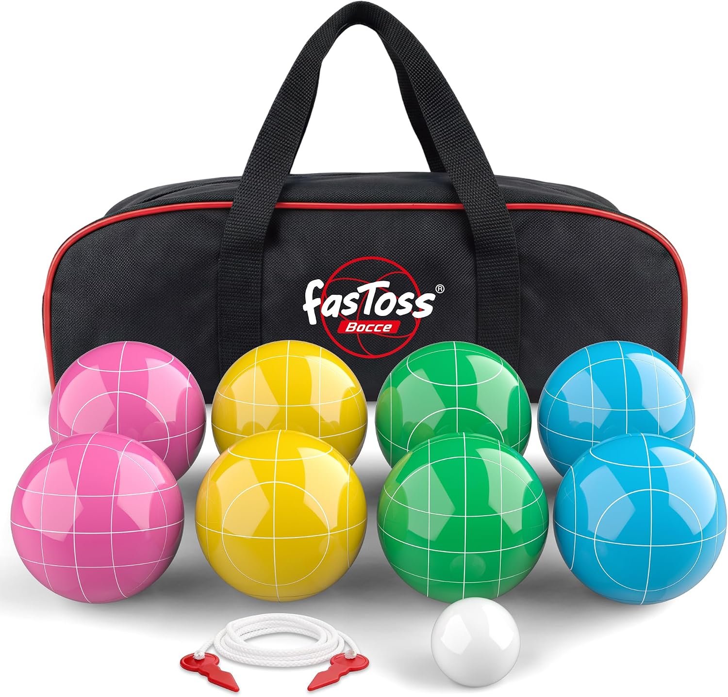 Bocce Ball Set for Backyard Lawn Beach Outdoor Games, Complete with 8 Solid Resin Bocci Balls, Pallino, Measuring Rope & Carry Bag, Multicolor for 2-8 Players (100mm)