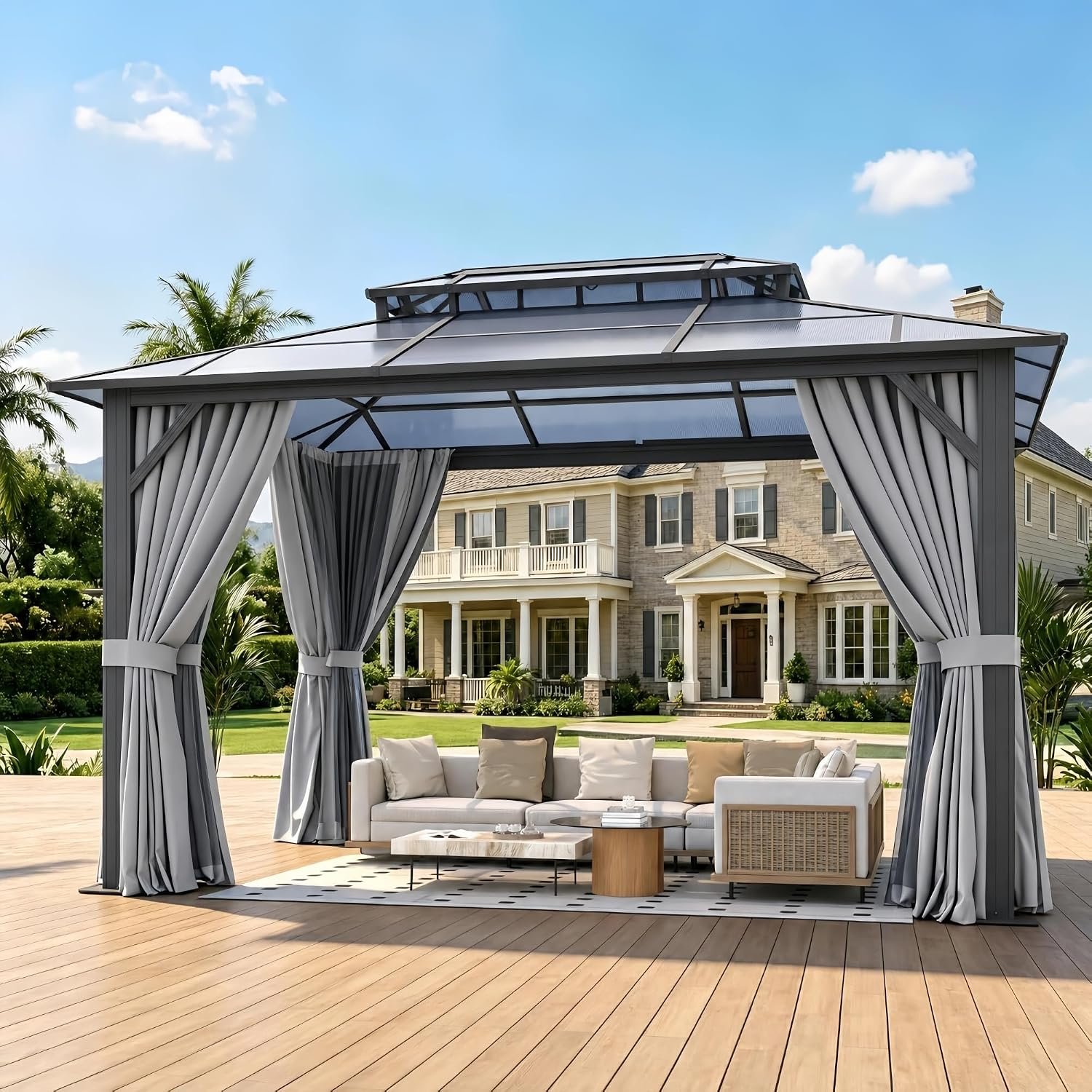 10’x12′ Hardtop Gazebo Outdoor Permanent Gazebo with Double Polycarbonate Roof Canopy, Aluminum Frame Permanent Pavilion with Curtains and Netting for Patio,Garden,Lawns