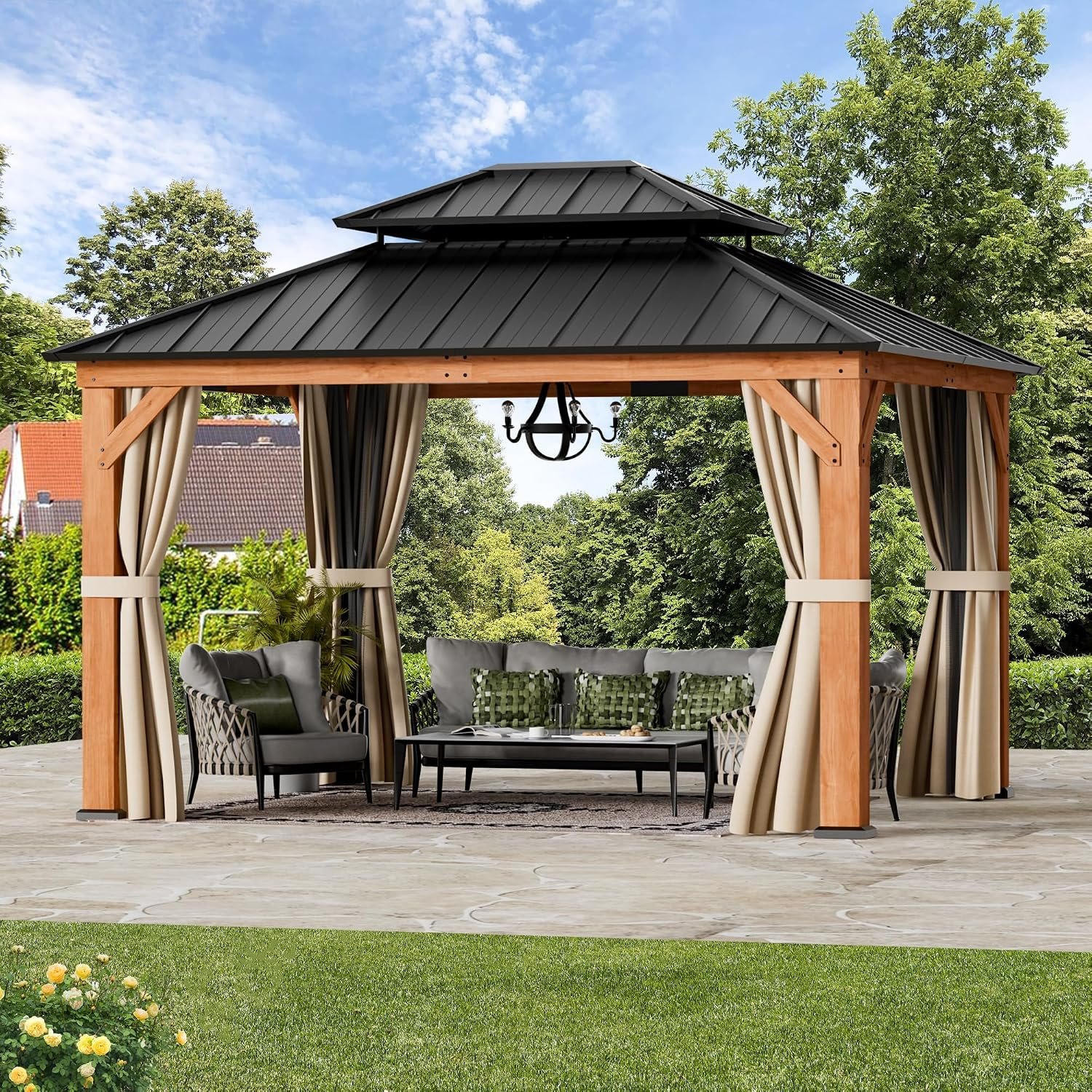 Modern Shade Wood Gazebo 10×12 with Double Galvanized Steel Roof | Outdoor Cedar Gazebo with Yard-Dyed Curtains and Mosquito Net, Wooden Gazebo with Sturdy Hooks for Garden, Backyard, Patio