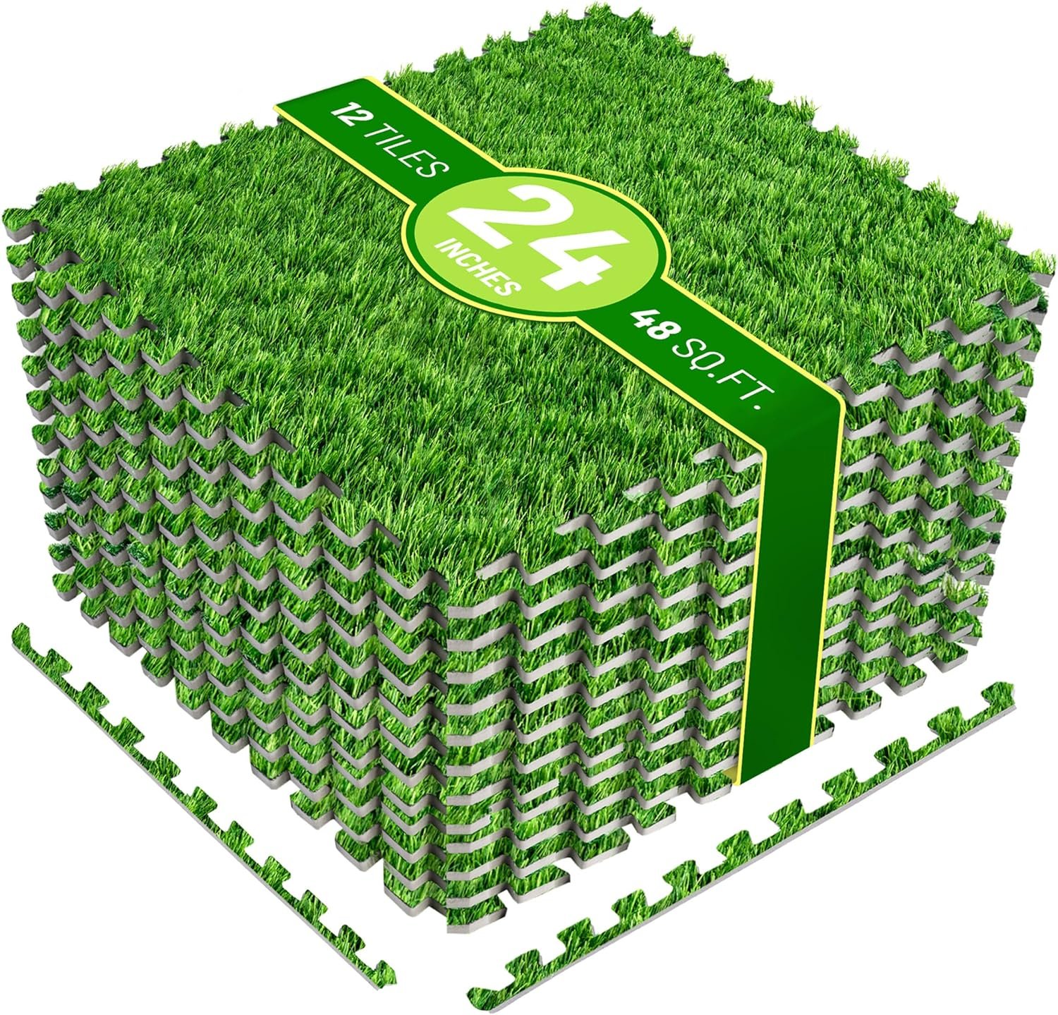 Sorbus Grass Foam Floor Tiles – 12 Interlocking Mats of 24″X24” Total of 48 Sq Ft for Kids Outdoor Toys, Playroom, Deck, Patio, Basement Home Gym – Artificial Carpet Grass Turf Indoor Outdoor Flooring