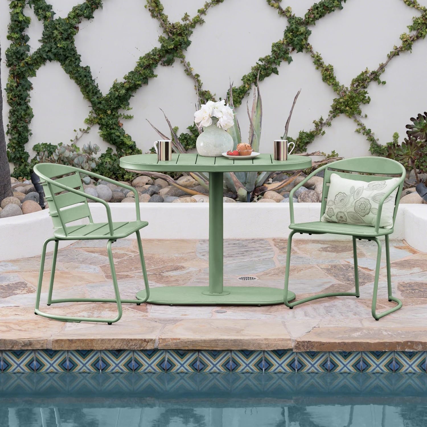 Christopher Knight Home Adley Outdoor Bistro Set, 3-Piece Bistro Table and Chair Set of 2, Patio Furniture Set with Iron Frame, Outdoor Bistro Dining Set, Poolside/Garden Cafeteria, Matte Dark Green