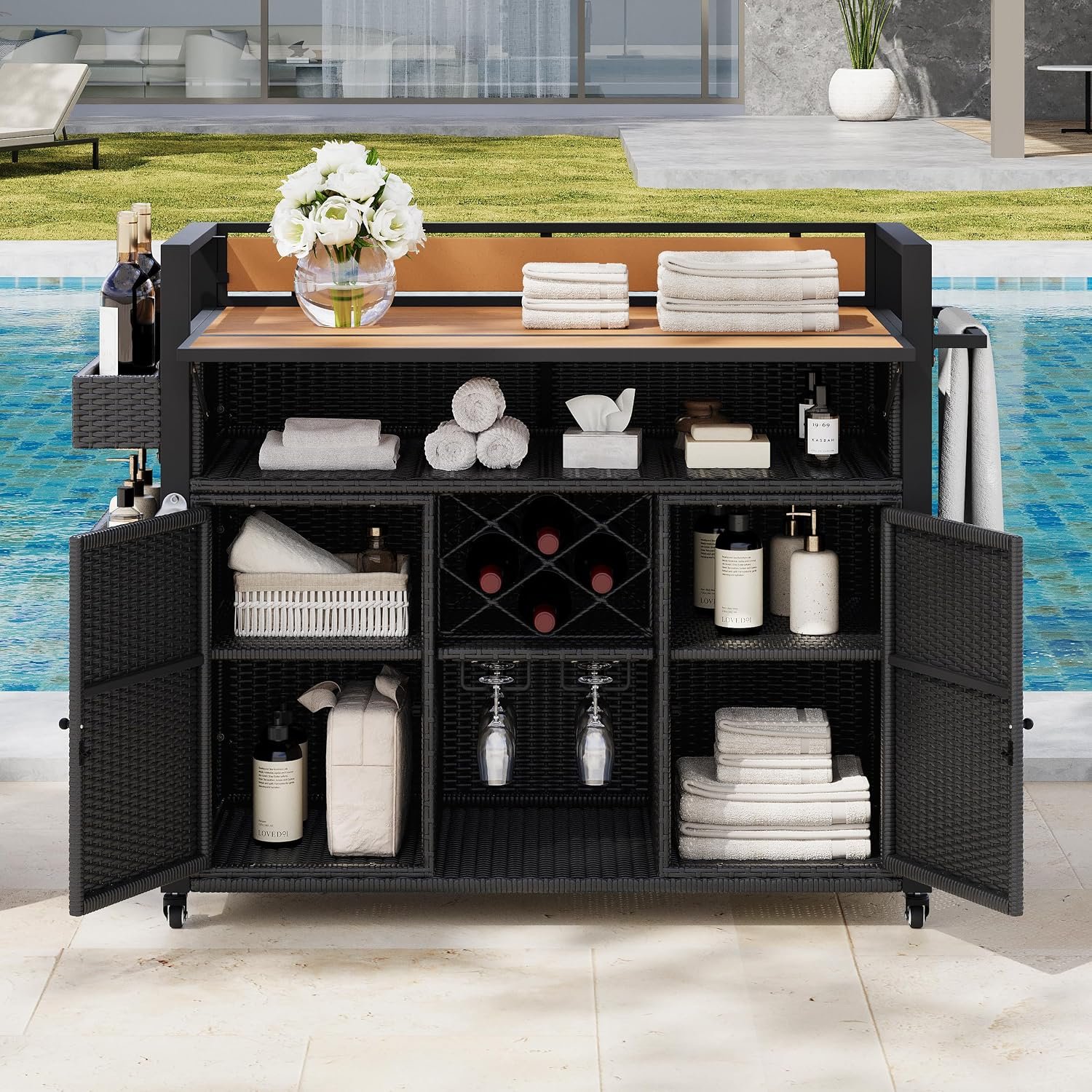 Outdoor Bar Table on Wheels with Extended Table Top and Storage Cabinet