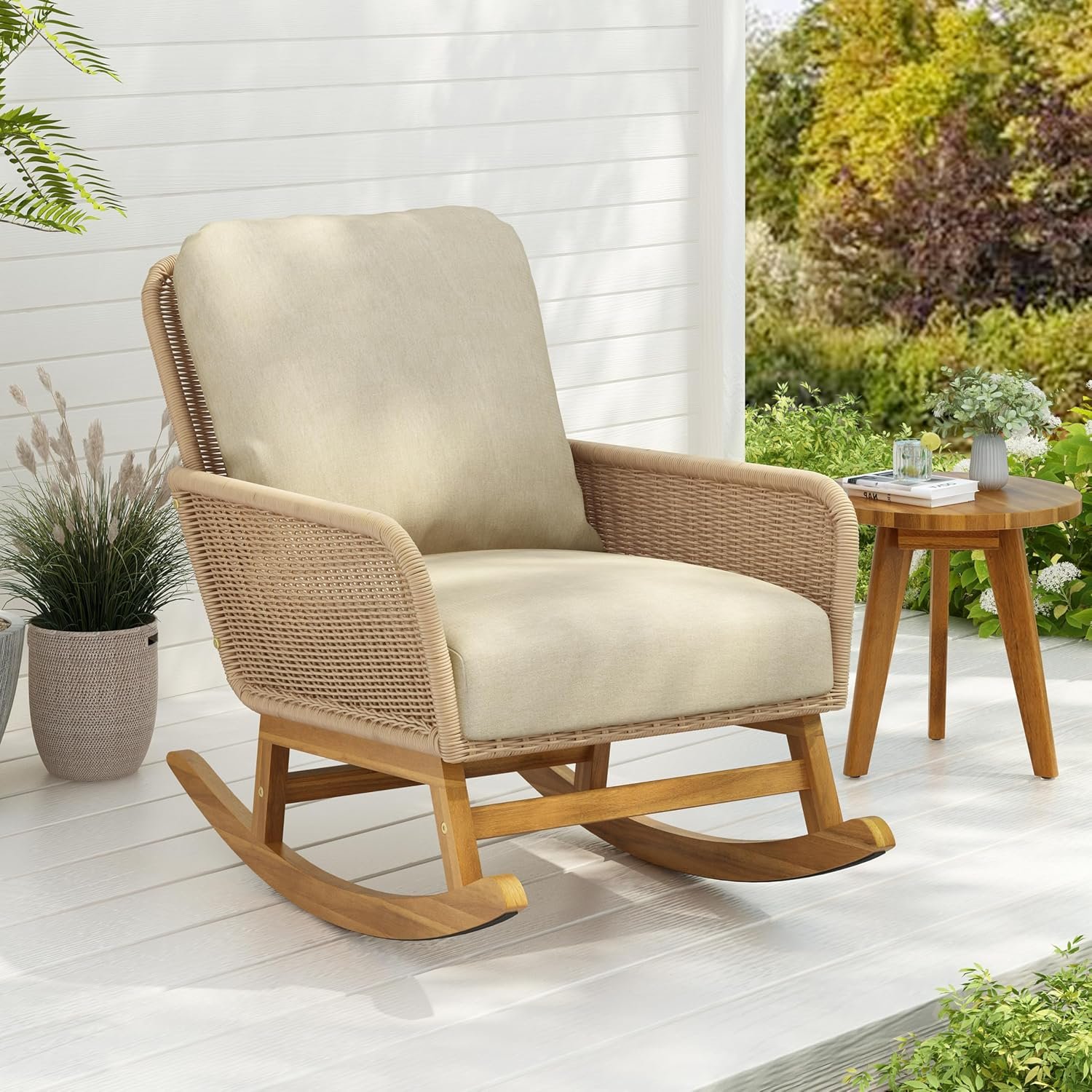 Christopher Knight Home Nadine Patio Rocking Chair, Wicker Rocker, Wood Leg Rocking Chair, PE Rattan Wicker Chair, Rocking Chair with Cushions, Comfort Wicker Rocker for Backyard Balcony Porch, Beige