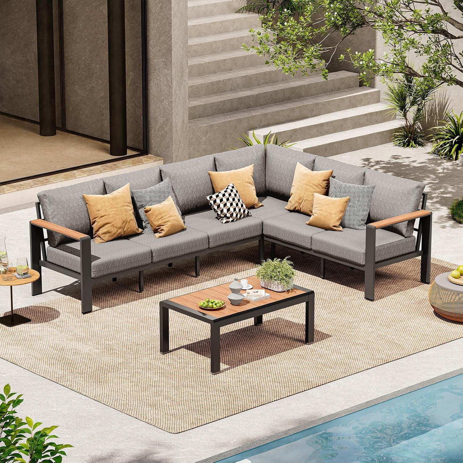 Aluminum Outdoor Patio Furniture Set 6 Seats, Outdoor Sectional Corner Sofa with Thick Waterproof Cushions & Coffee Table, Patio Conversation Sets for Backyard, Porch, Balcony, Deck, Gray