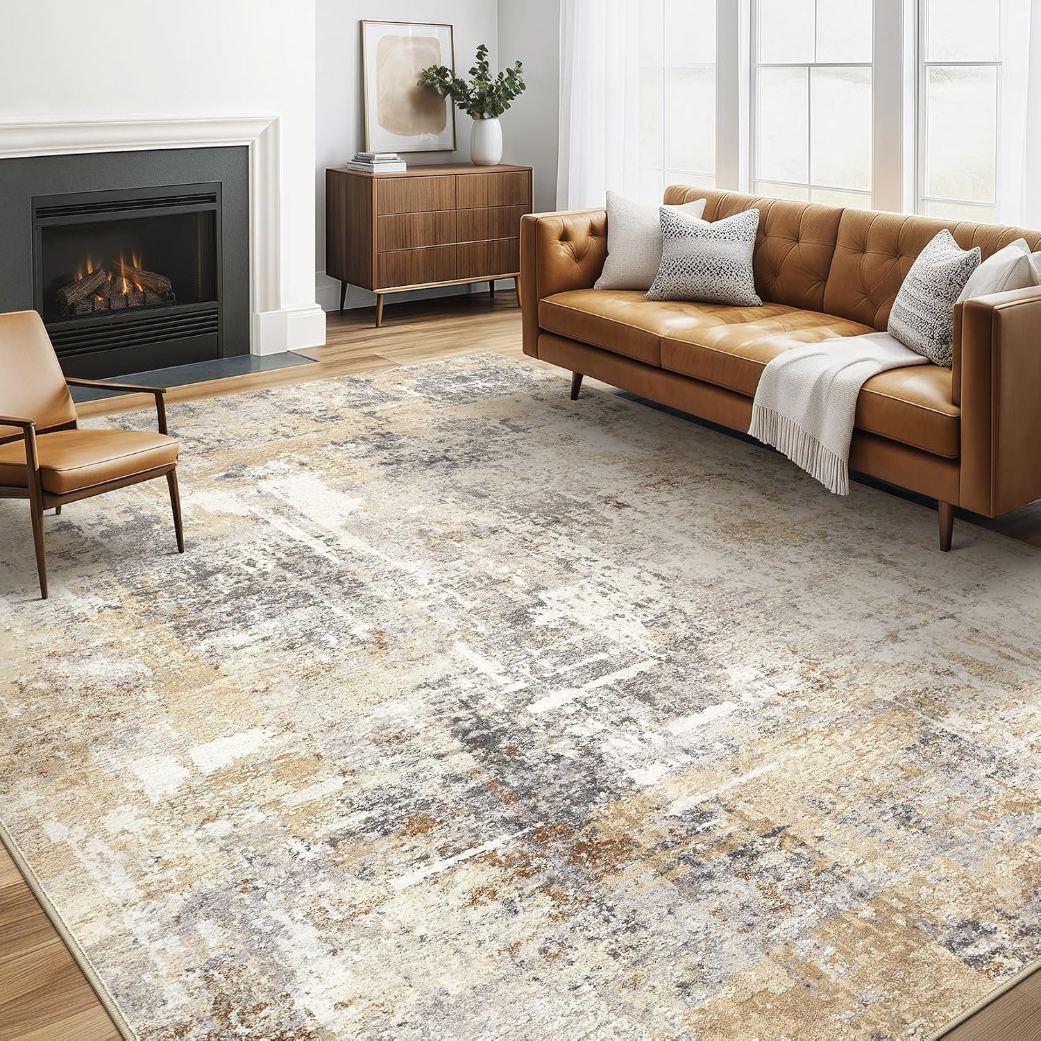 LOONGRUG 5×8 Area Rug Living Room: Machine Washable Large Abstract Soft Thin Rugs Stain Resistant Indoor Floor Non-Slip Accent Carpet for Bedroom Nursery Playroom Office Dining Room Dorm- Gray Gold