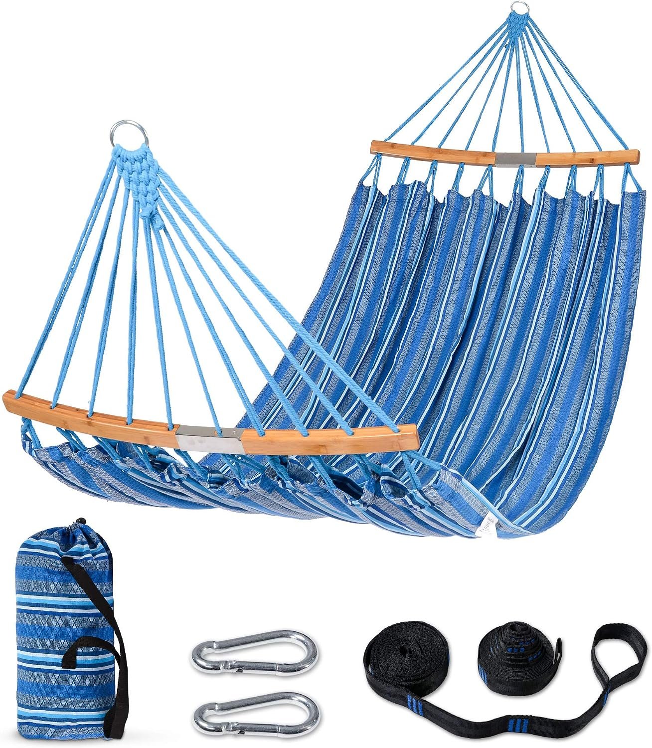 SUNCREAT Hammocks Double Hammock with Curved Spreader Bar, Blue | Outdoor Portable Hammock with Carrying Bag & Tree Straps for Bedroom, Patio, Backyard, Balcony, Max 450lbs Capacity