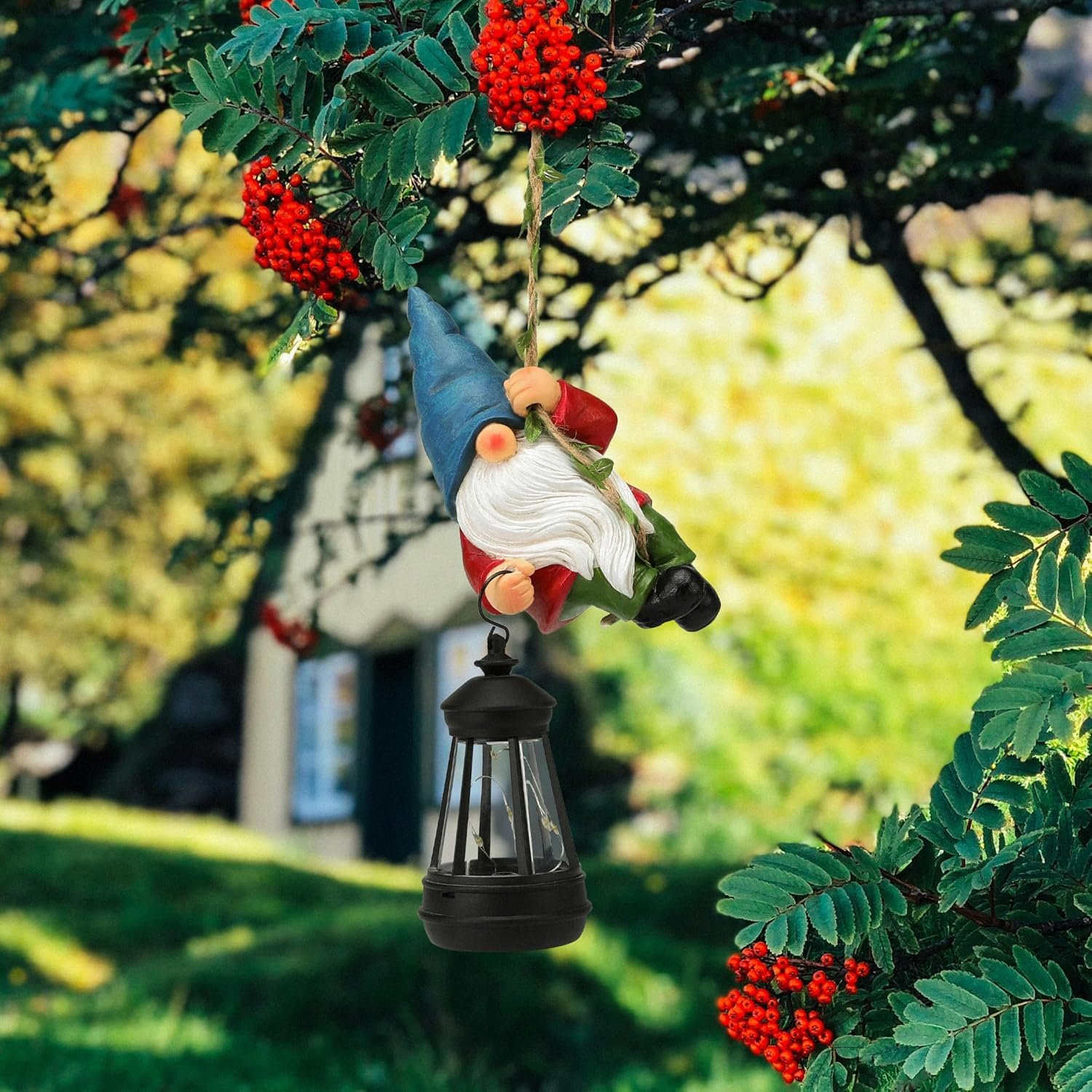 Solar Hanging Gnome Garden Statues Climbing Rope Gnome with LED Lantern Summer Outdoor Decor Tree Hugger Yard Porch Wall Fence Decoration Mother’s Day Birthday Gifts for Mom Women