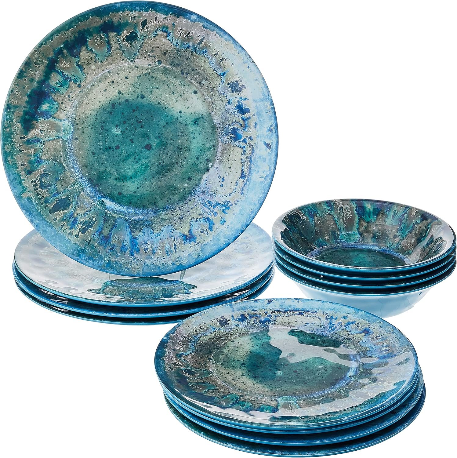 Radiance Teal 12pc Melamine Dinnerware Set – Service for 4 Plates and Bowls Set, Outdoor Dinnerware, Coastal Dishes, Unbreakable, Dishwasher Safe, Heavyweight Melamine, Rustic Look