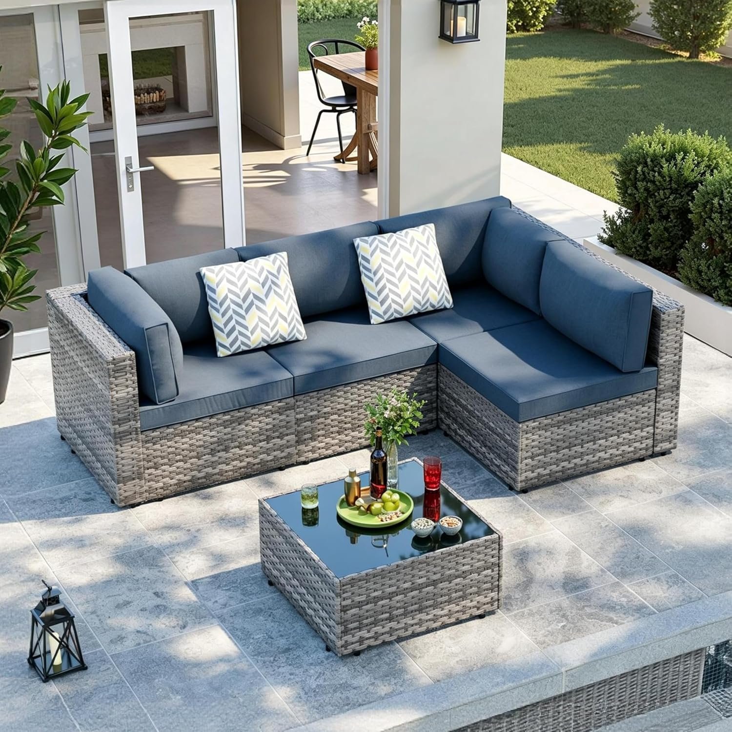 SUNLEI 5 Piece Patio Furniture Sets, Low Back All-Weather Rattan Sectional Sofa with Tea Table&Washable Couch Cushions, Patio Furniture Set (Silver Rattan Aegean Blue, 5 Pcs)