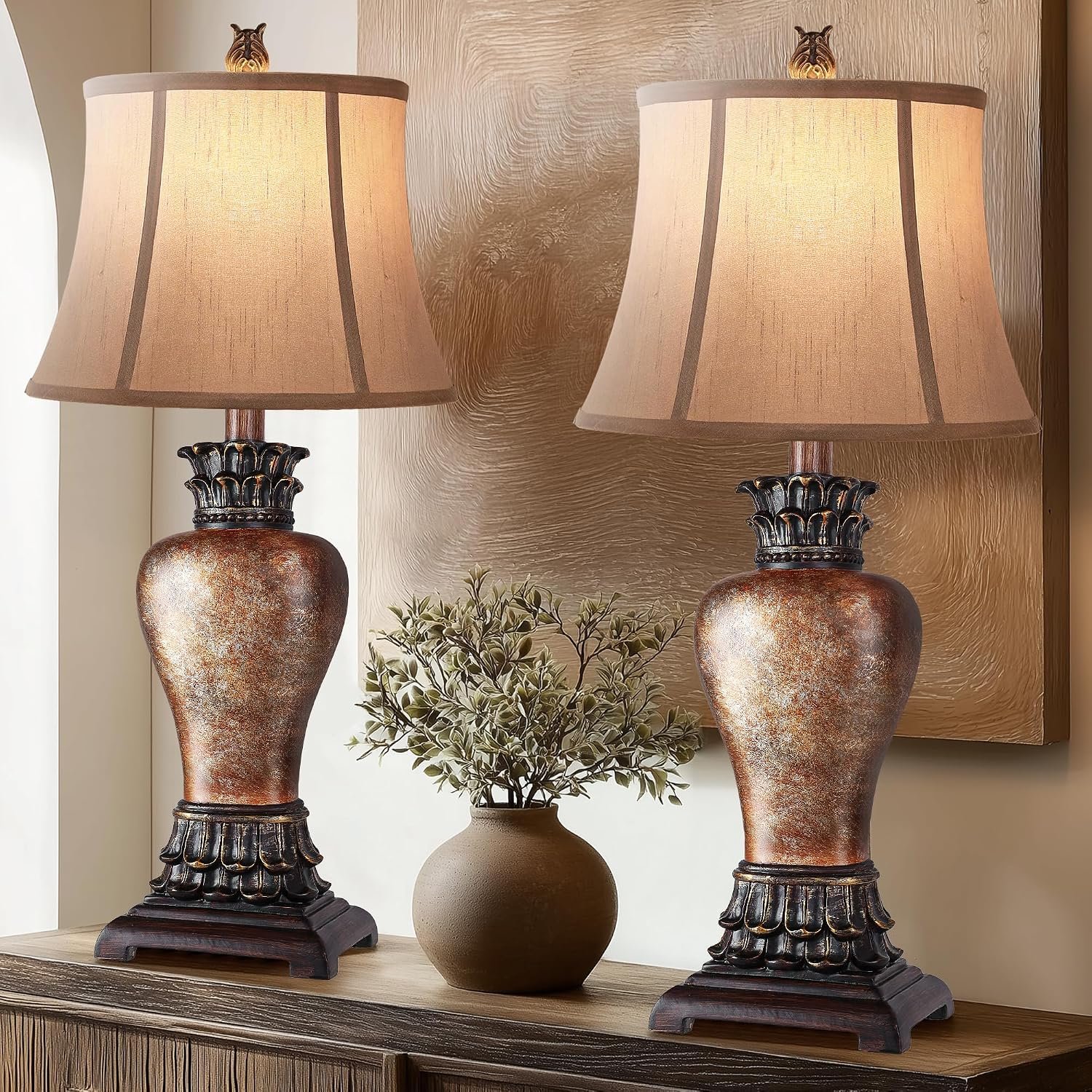 Hamucd 27″ Set of 2 Tall Farmhouse Rustic Table Lamps for Living Room,3-Color Temperature Dimmable Western Bedroom Lamps for Night Stands Traditional Antique Decor (Brown)