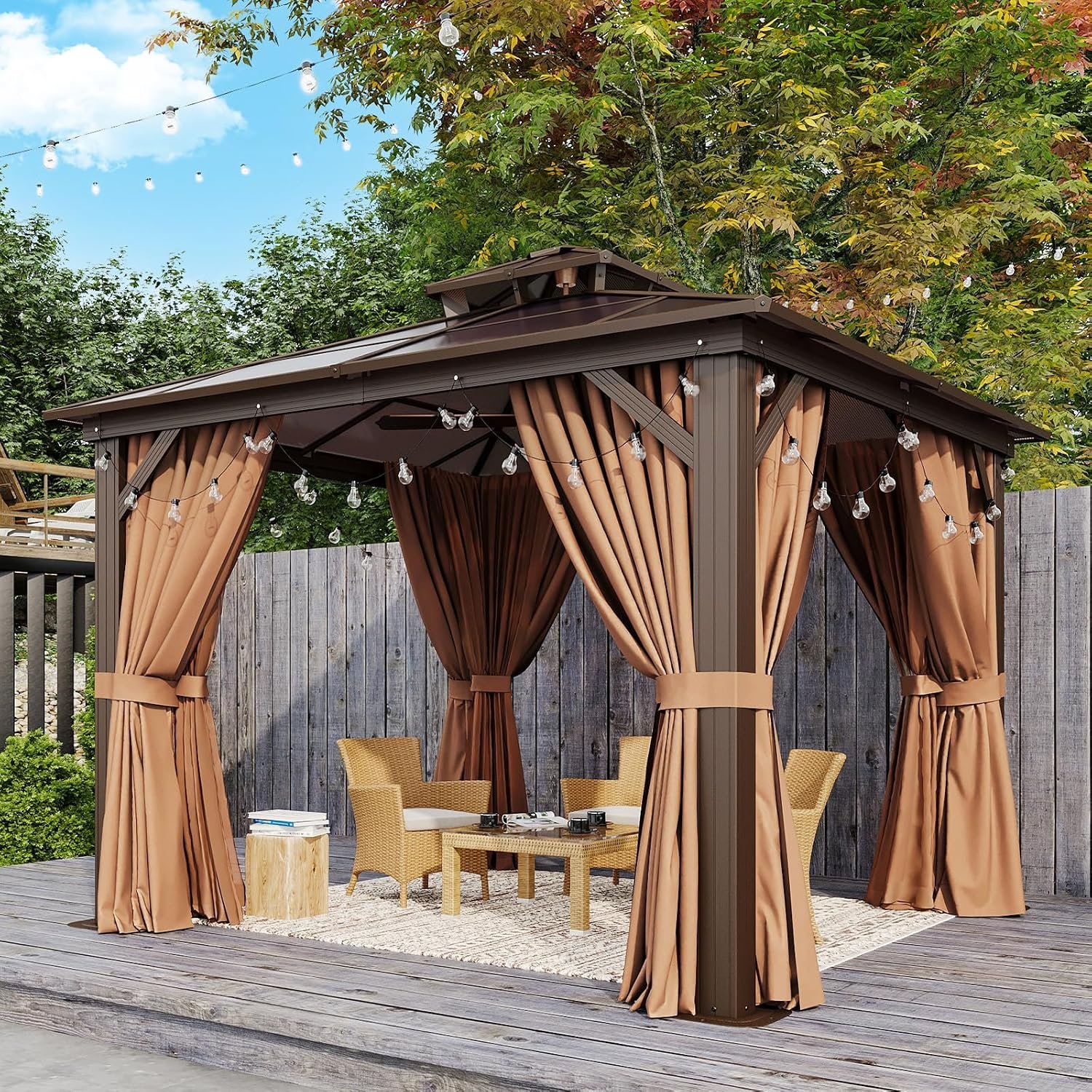 Aoxun 10’x10′ Hardtop Gazebo, Outdoor Polycarbonate Double Top Canopy, Metal Frame Gazebo with Netting and Curtains, Sunshade for Patios, Gardens, Lawns
