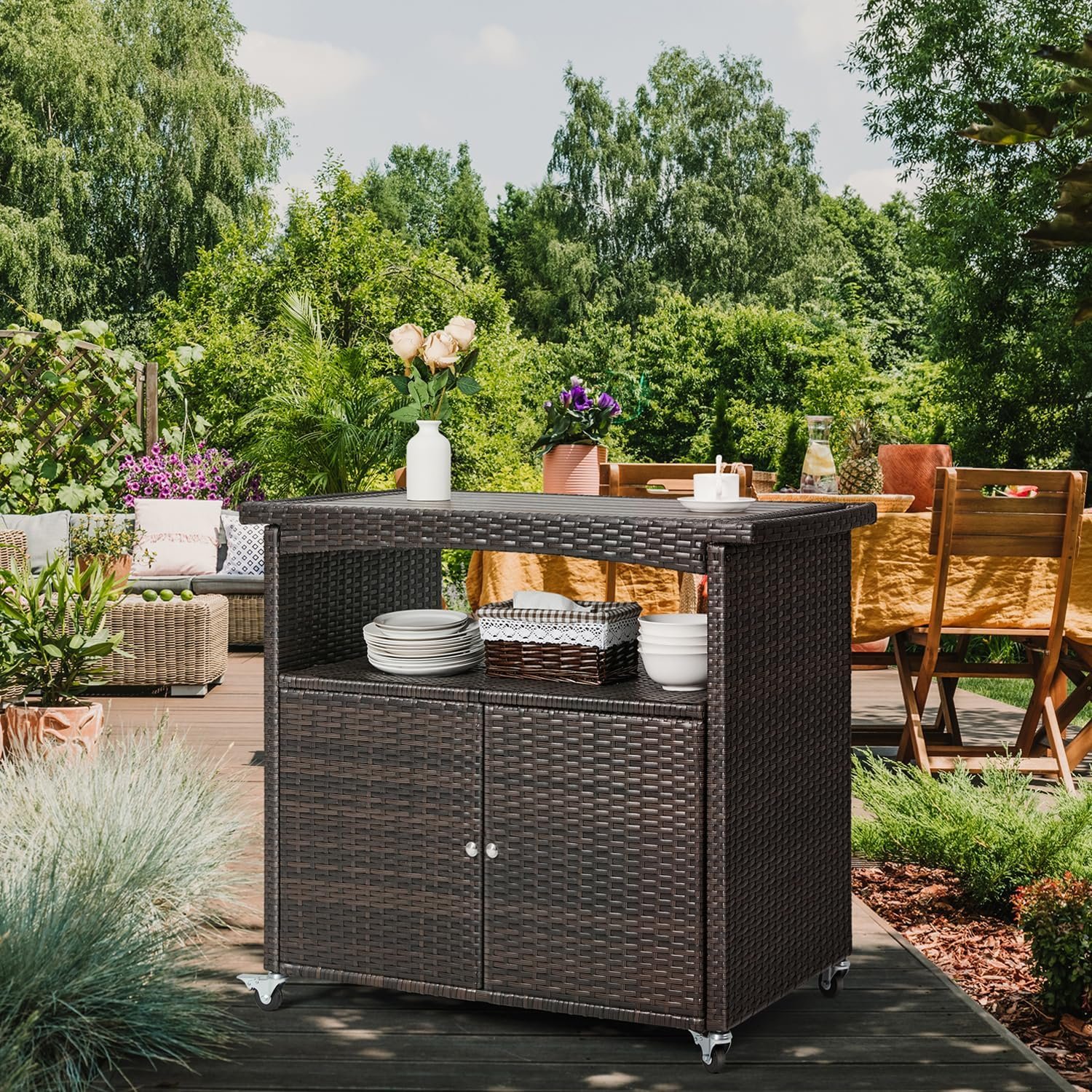 Outdoor Storage Cabinet,Outdoor Cabinet for Patio Outdoor Bar Cart with Rolling Heels Patio Bar Table with Storage Wicker Buffet Cabinet Prep Table Kitchen Serving Cart with Door,Shelves,Handle Brown