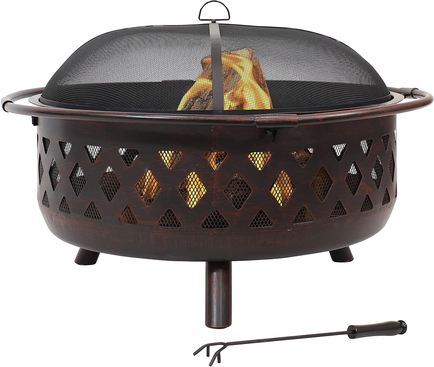 Sunnydaze Crossweave Outdoor Fire Pit – Wood-Burning Fire Pit for Outside with Spark Screen, Poker and Round Cover – Steel Patio Firepit for Backyard, Deck, Porch – 36-Inch – Bronze