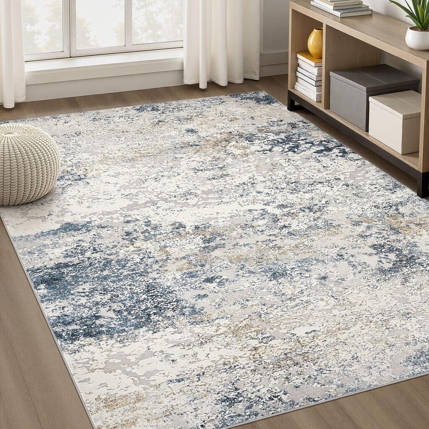 DMOYEST Area Rug Living Room Rugs 5×7 Washable Abstract Beige Blue Carpet | Neutral Modern Non-Slip Soft Low Pile Rugs for Bedroom Dining Room Home Office Indoor Decor