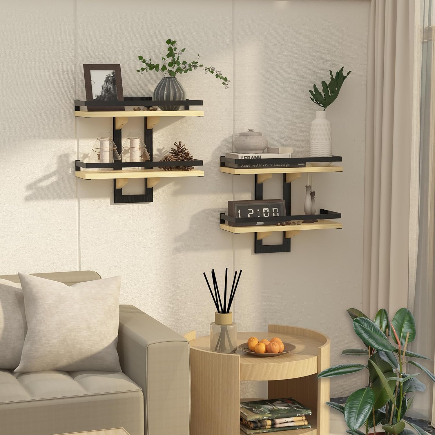 15″ Floating Shelves for Wall, 2-Tier Wood Hanging Decor Storage Shelves | Wall Mounted Floating Shelf for Living Room, Bedroom, Bathroom, Kitchen, Office, Study (2-Pack Wood)