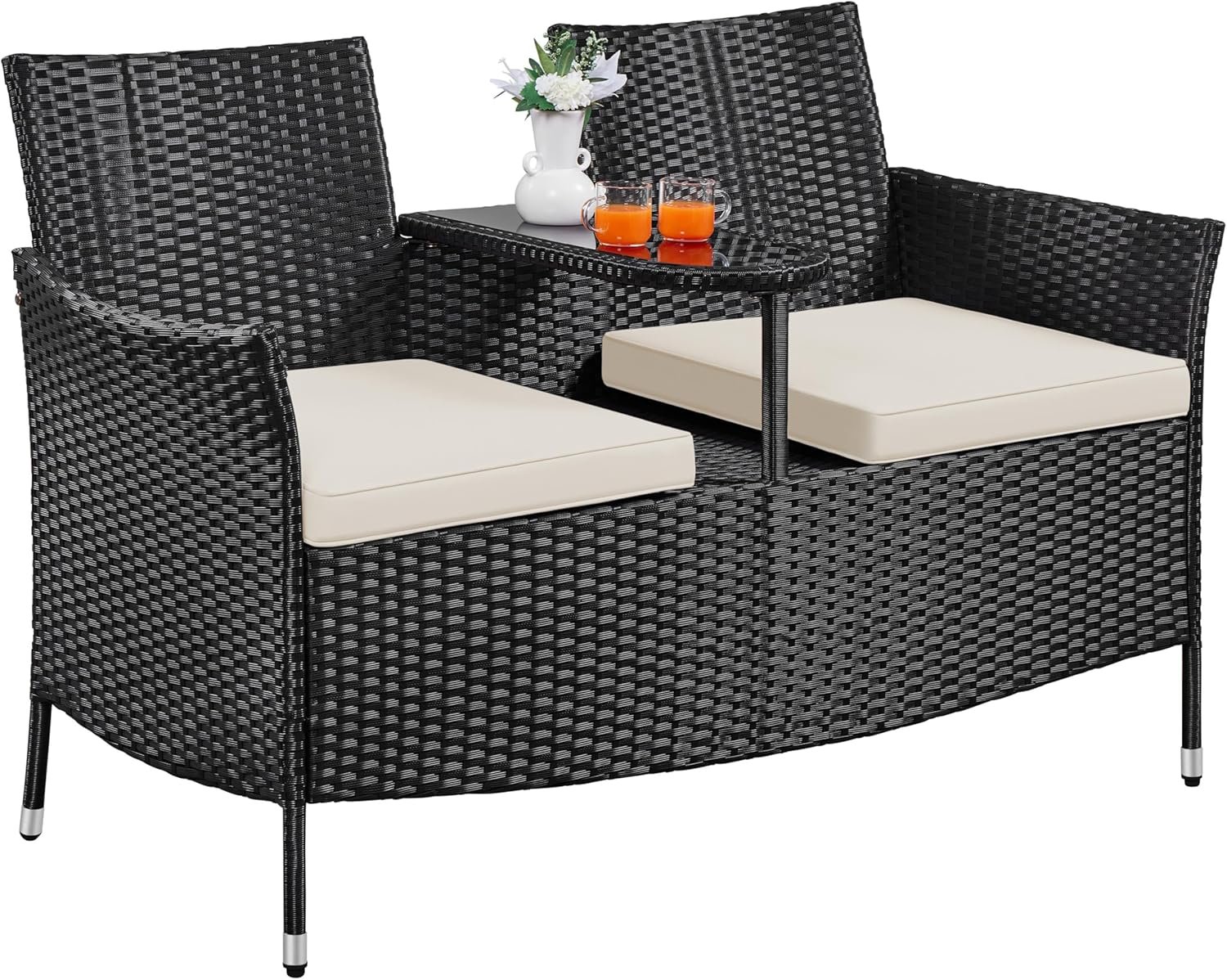 Yaheetech Patio Loveseat, Outdoor Wicker Double Chair w/Side Table | PE Rattan Furniture Set for Two People, Love Seat w/2 Removable Cushions & 1 Tempered Glass Side Table, Black/Beige