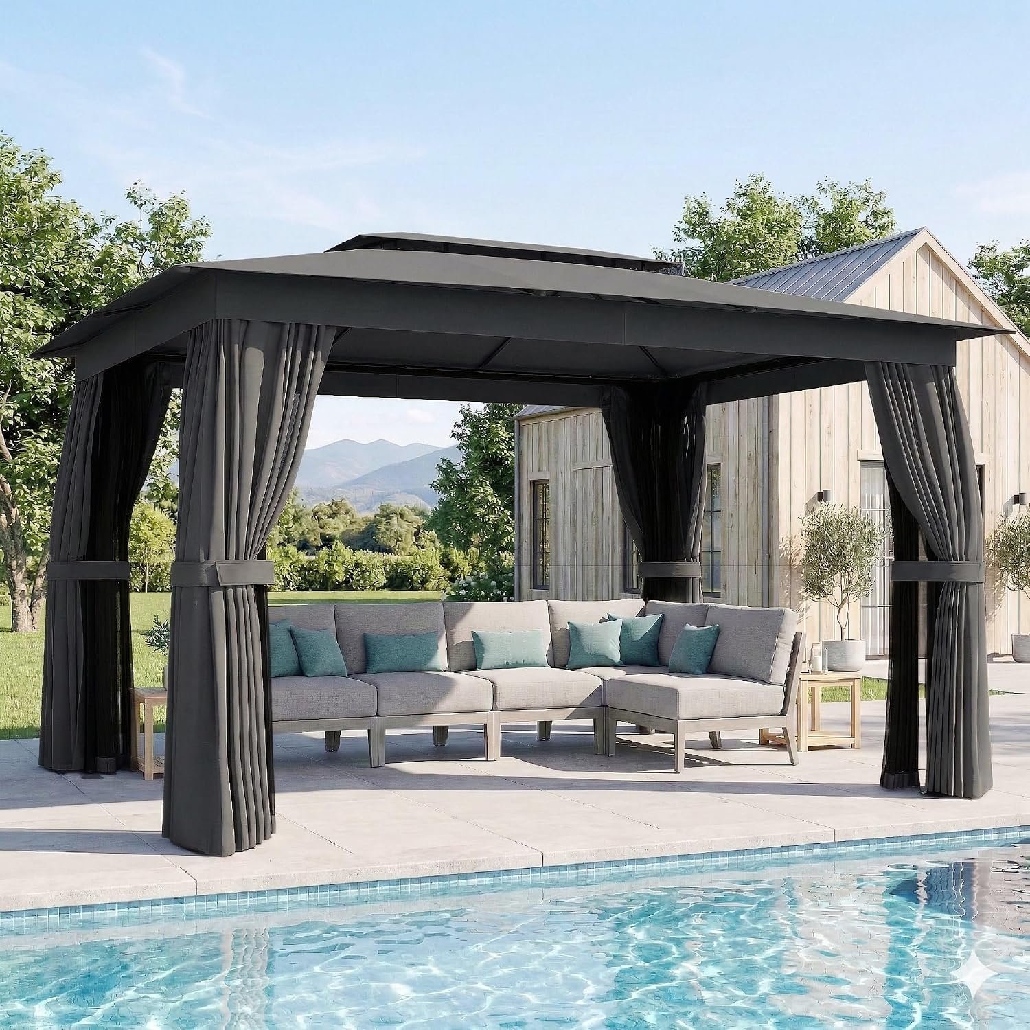 Outsunny 10′ x 12′ Outdoor Patio Gazebo, Heavy Duty Gazebo Canopy Shelter with Double Roof, Curtains, Netting, Steel Frame, UPF30+ Protection, Ceiling Hooks for Lawn, Backyard, Deck, Dark Gray