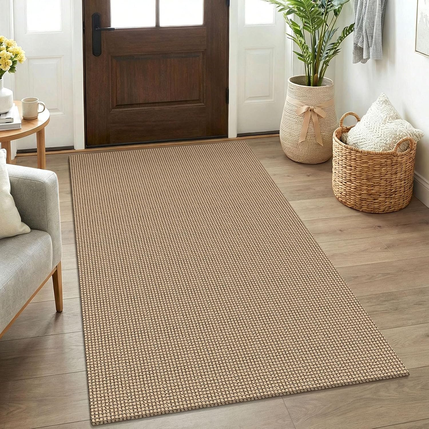 KOZYFLY Boho Rugs for Entryway 3×5 ft Washable Area Rug Non Slip Rubber Backed Entry Rug Woven Indoor Door Mat Cotton Kitchen Rugs Floor Carpet for Entryway, Foyer, Backdoor, Orange Beige/Tan/Brown