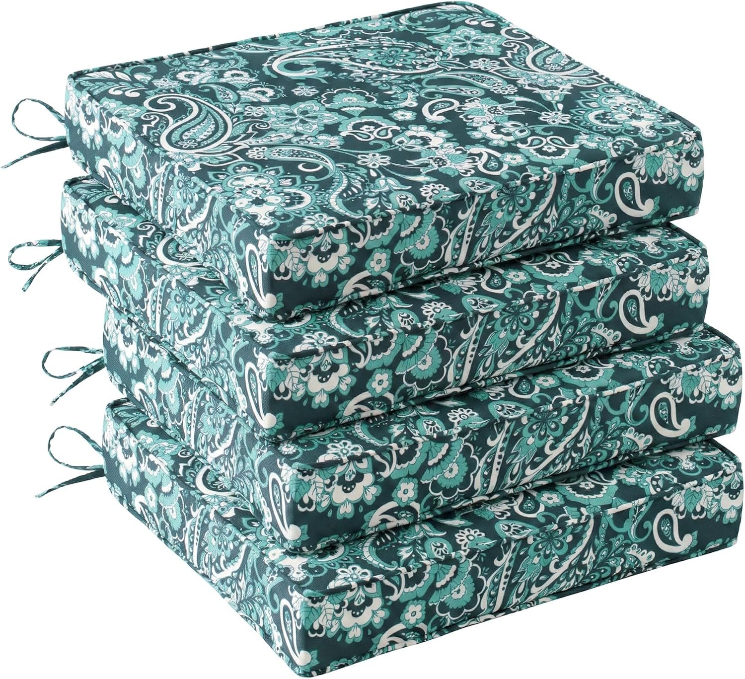 UNIKOME Outdoor Chair Cushions Set of 4, Water Resistant Patio Seat Cushions with Ties for Outdoor Furniture, High-Density Foam, UV & Fade Resistant, Piped Edge – 18.5″ x 16″ x 3″, Boho Teal Paisley