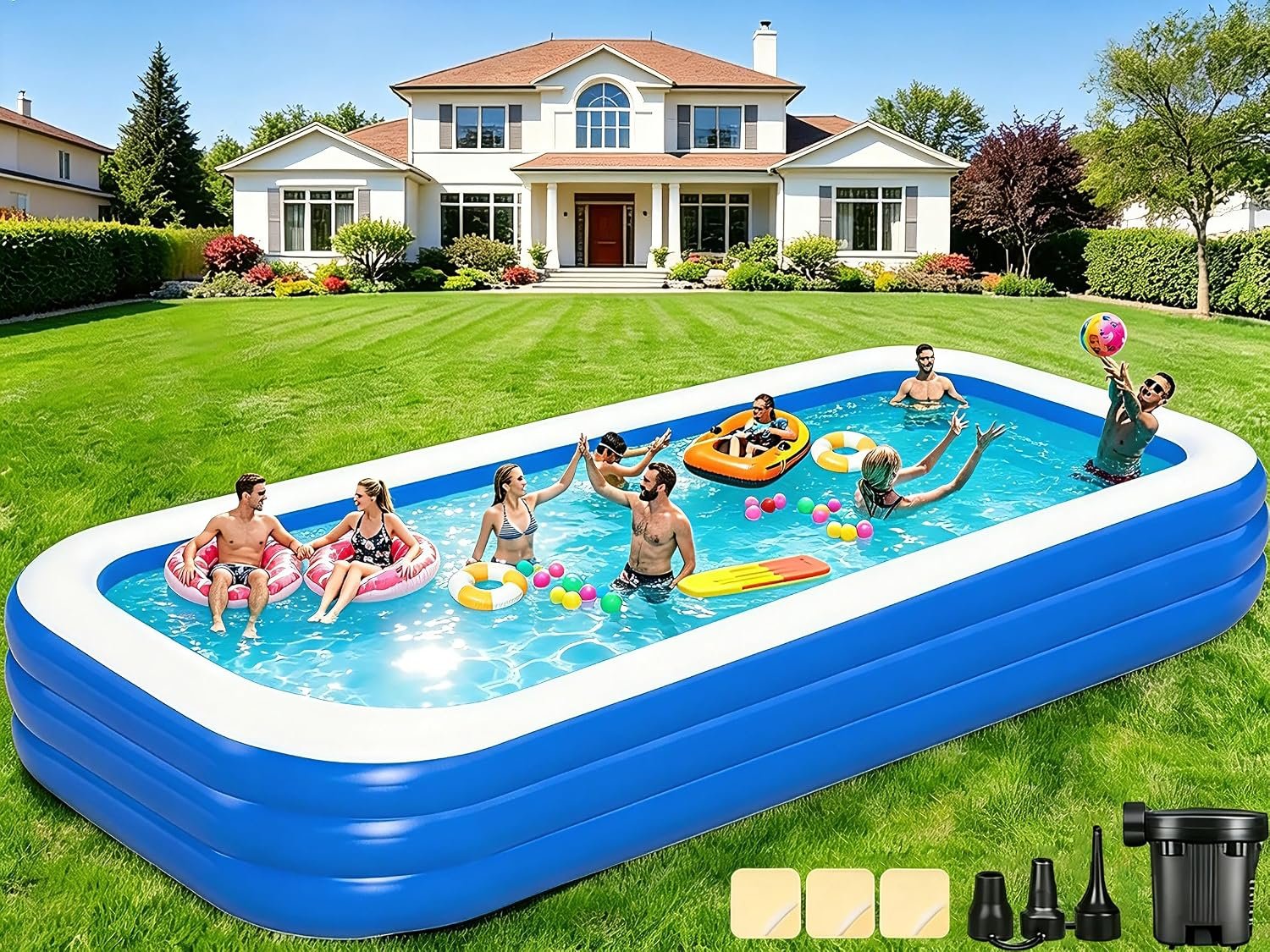 Extra Large Inflatable Swimming Pool for Adults – 180” x 76” x 22” Extra Large Blow-Up Pool Oversized Thickened Family with Pump, 15FT Extra Long Inflatable Pools for Backyard, Easy Set Big Pool