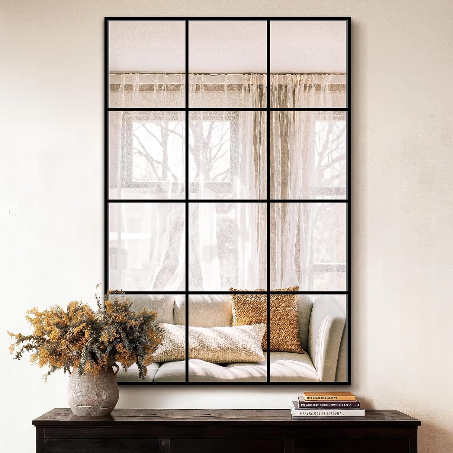 Window Pane Wall Mirror 24″x36″ Black | Metal Framed Window Mirror for Living Room, Bedroom, Entryway, Dining Room, Home Wall Decor, Wall Mounted