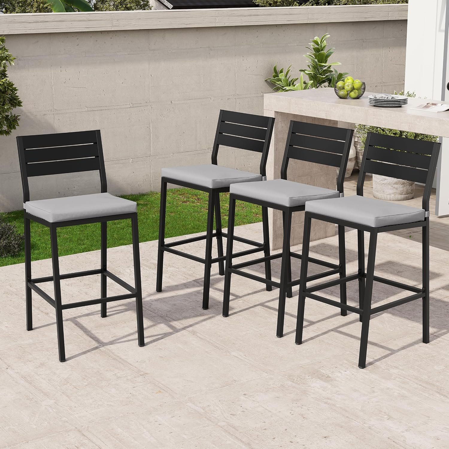26.8″ Outdoor Counter Bar Stools Set of 4, Patio Chairs with Backrest | Thick Cushioned Seat, Footrest, All-weather Fabric, Rust-proof Frame, Indoor/Outdoor Versatile, Deck, Poolside, Garden.