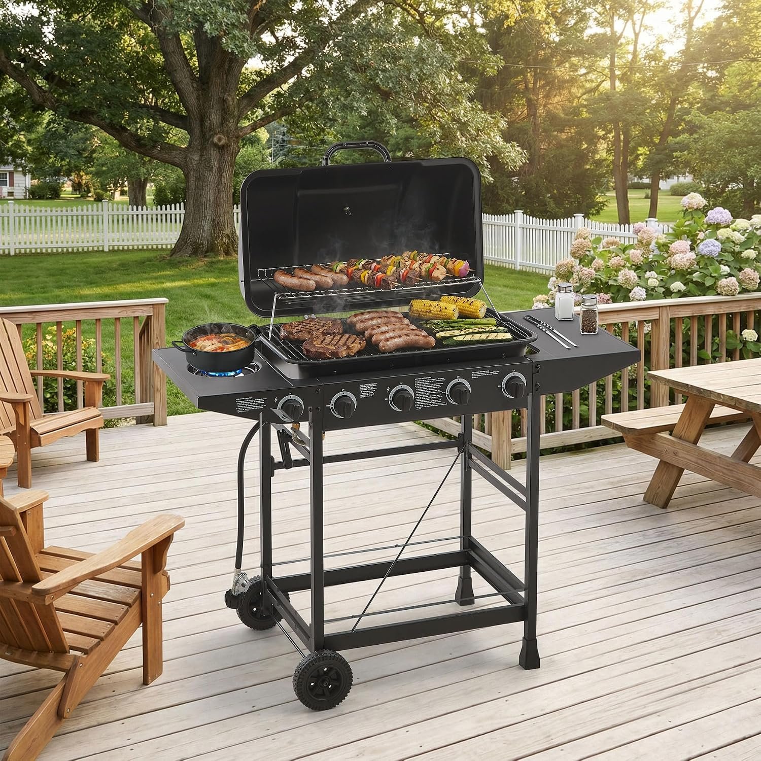 4 Burner Gas Grills, Outdoor Cooking Propane Gas Grills with Side Burner 24000 BTU, BBQ Propane Gas Grill with Enameled Grates & Side Tables for Kitchen Patio Backyard (4 Burner)