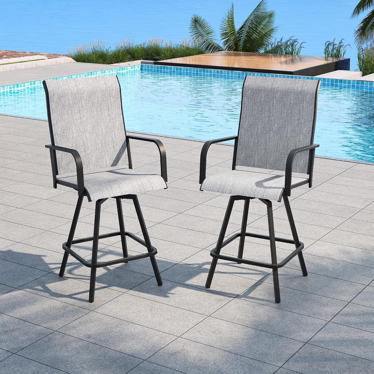 2 Piece Gray Patio Bar Chairs, All-Weather Outdoor Bar Height Chairs