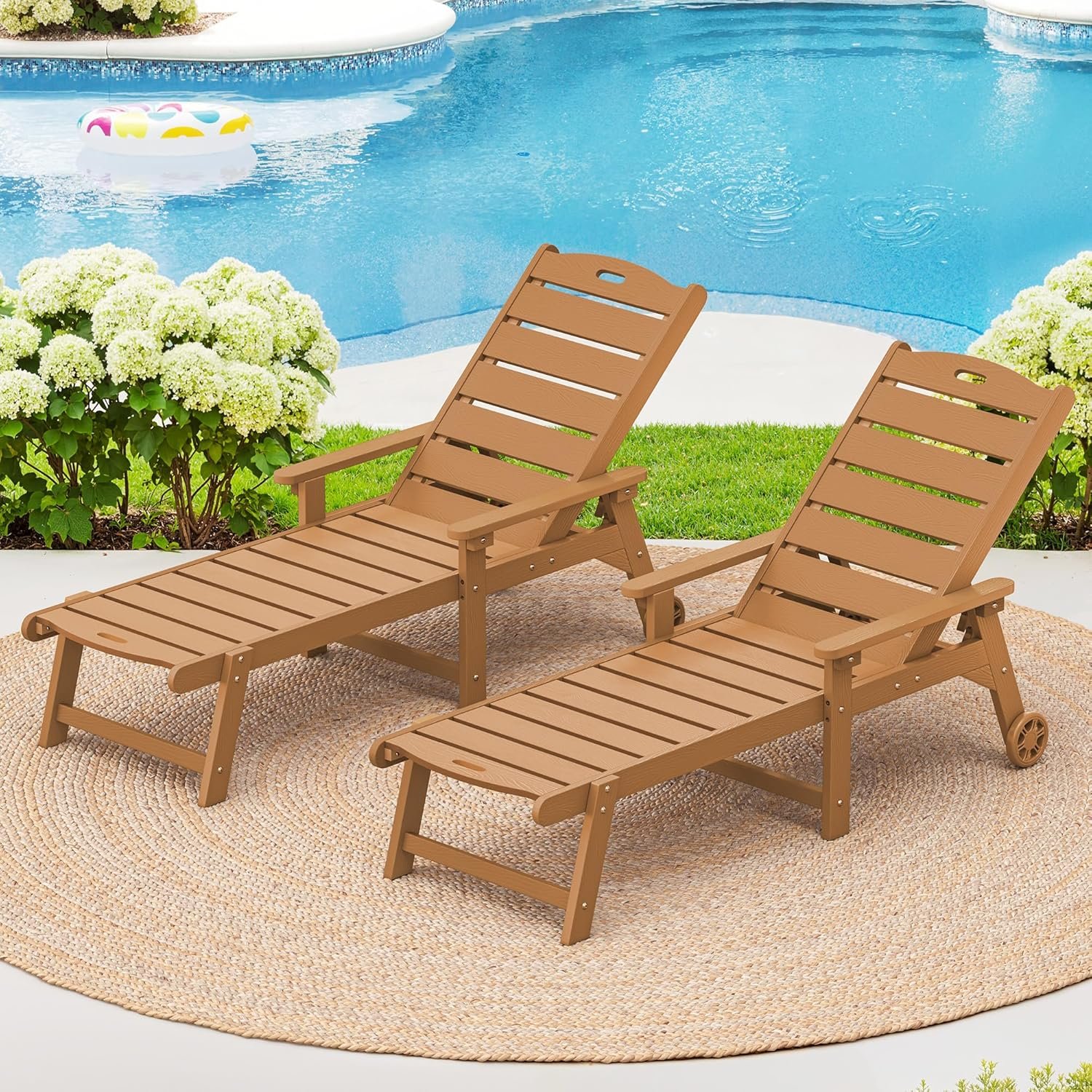LUE BONA Outdoor Chaise Lounge, 5‑Position, 2‑Pack, Teak Color | HDPS Oversized Lounge Chair with Armrest, Fade & Crack Resistant, Rust-Proof, Wood Texture, for Pool, Deck, Patio, Teak Color