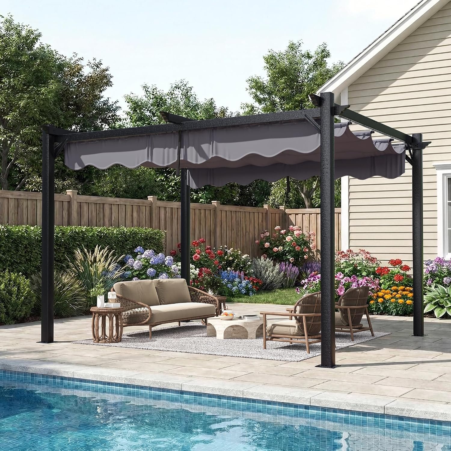 Polar Aurora 10’x12′ Outdoor Pergola with Retractable Canopy | Patio Metal Heavy-Duty Gazebo Shelter for Backyard, Deck, Garden