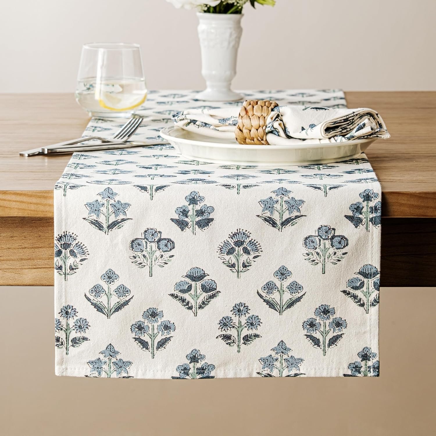 Block Print Floral Decorative Table Runners, 13×72 Inch Dusty Blue | 100% Organic Cotton Table Runner, Vintage Botanical, Soft Boho Home Decor, Machine Washable for Dining & Coffee Tables