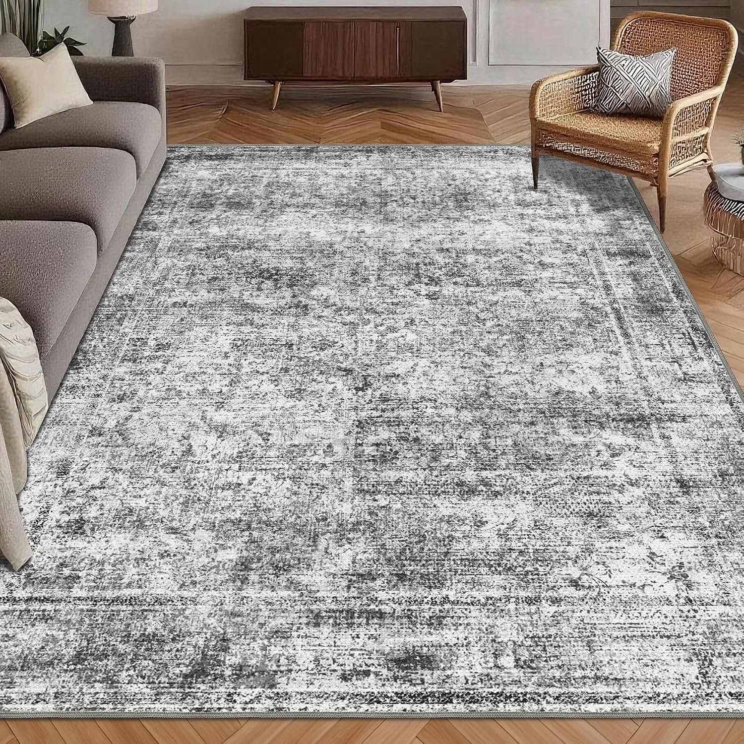 Washable Area Rug 5′ x 7′ Vintage Traditional Persian Mat – Foldable Distressed Non-Slip Machine Washable Carpet for Living Room Bedroom Kitchen Home Decor – Graphite and Mist