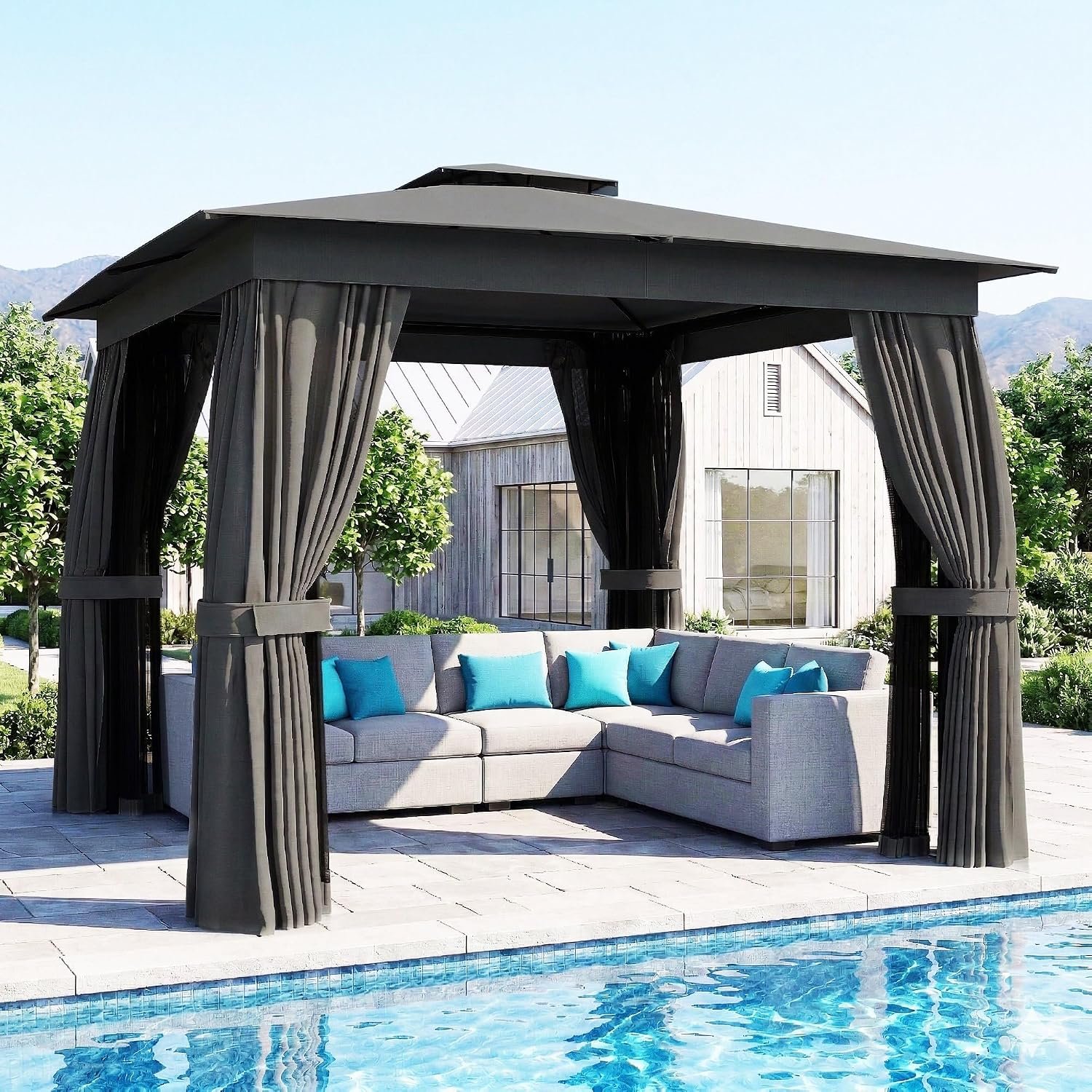 Outsunny 10′ x 10′ Outdoor Patio Gazebo, Heavy Duty Gazebo Canopy Shelter with Double Roof, Curtains, Netting, Steel Frame, UPF30+ Protection, Ceiling Hook for Lawn, Backyard, Deck, Dark Gray