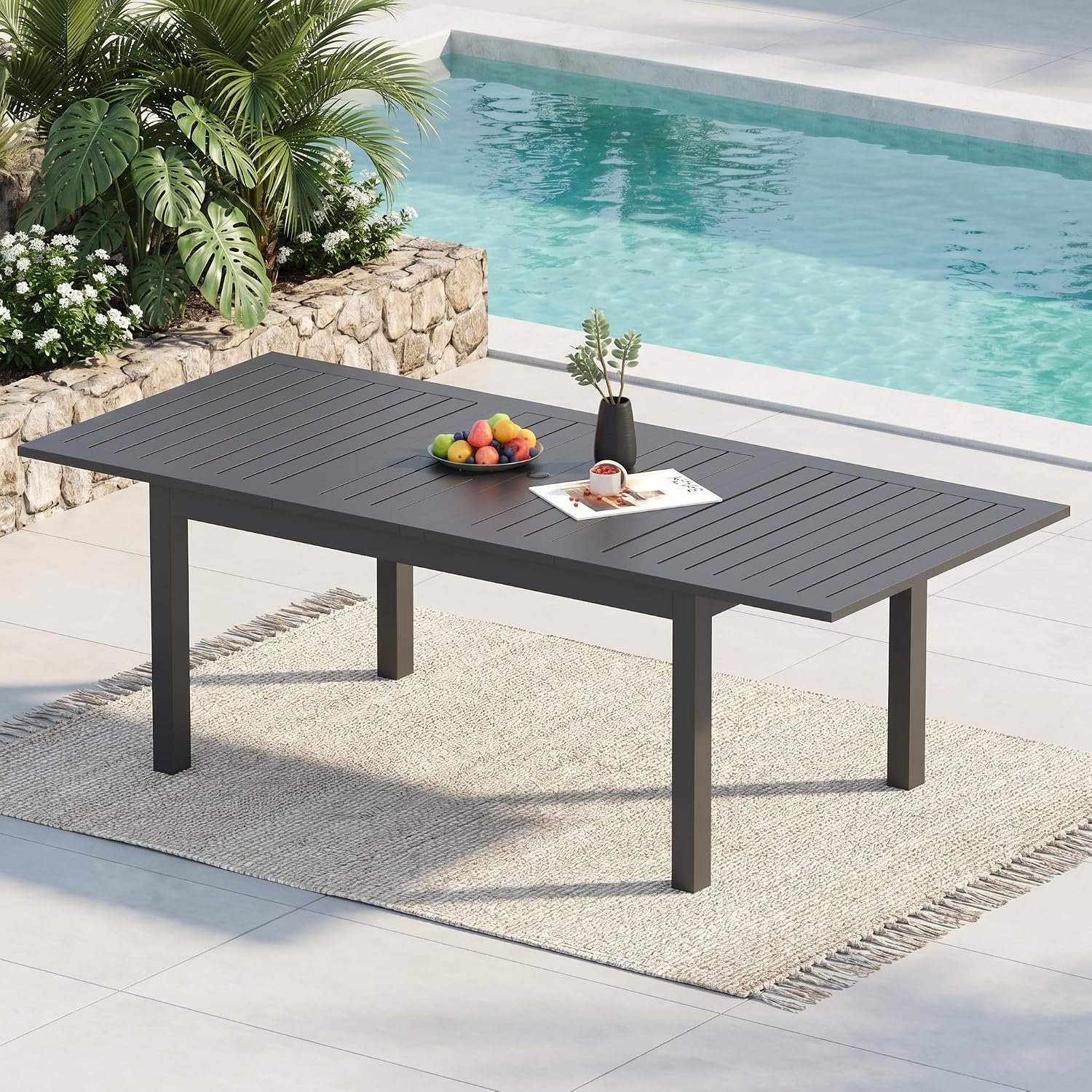 Expandable Aluminum Outdoor Dining Table, 3-Adjustable Lengths Patio Dining Table for 6-10 Person, 91.7″ L x 33.5″ W Metal Patio Table with Umbrella Hole Adjustable Feet for Garden Porch Deck, Grey