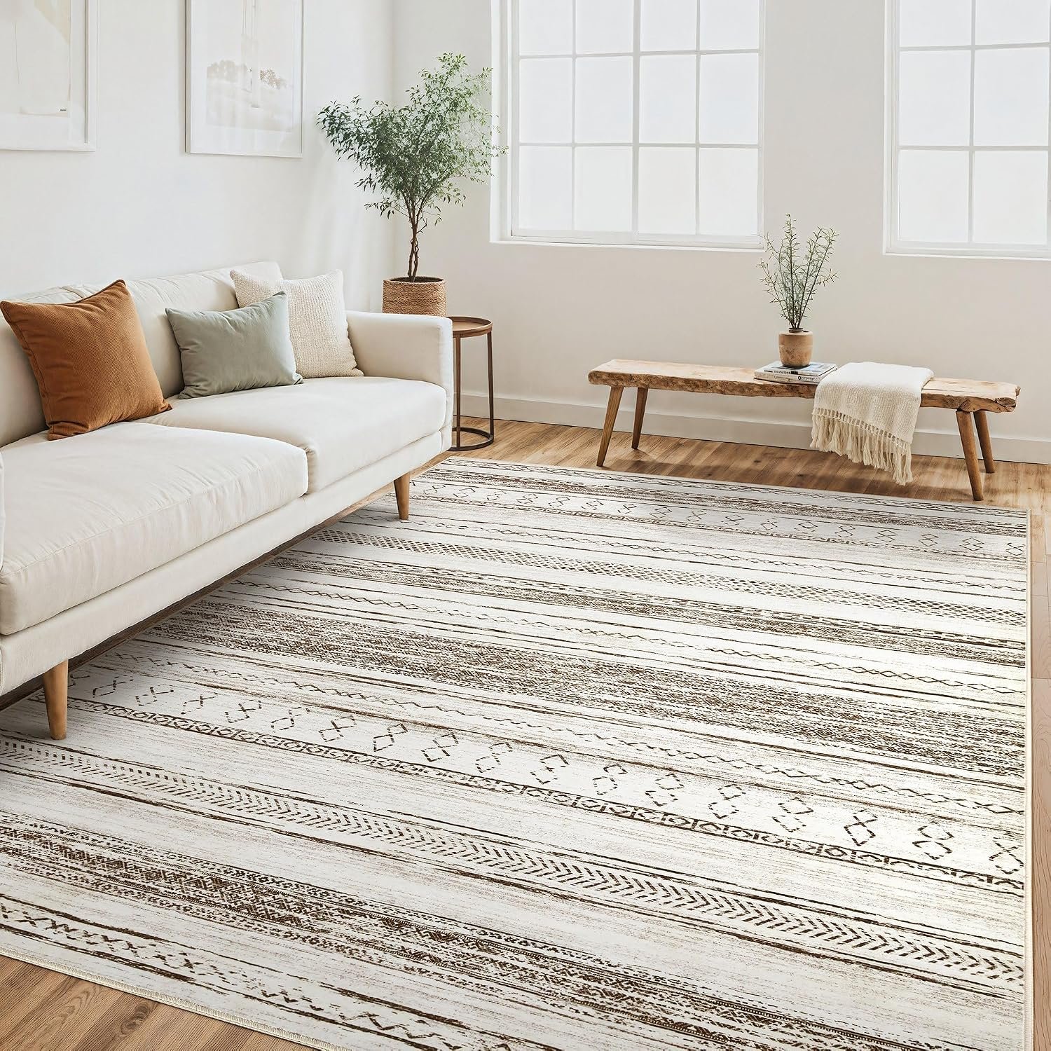 Tortania Area Rug Living Room Rugs – 5×7 Washable Large Soft Neutral Boho Moroccan Bohemian Farmhouse Rug Indoor Floor Carpet for Bedroom Under Dining Table Home Office Decor – Cream Brown