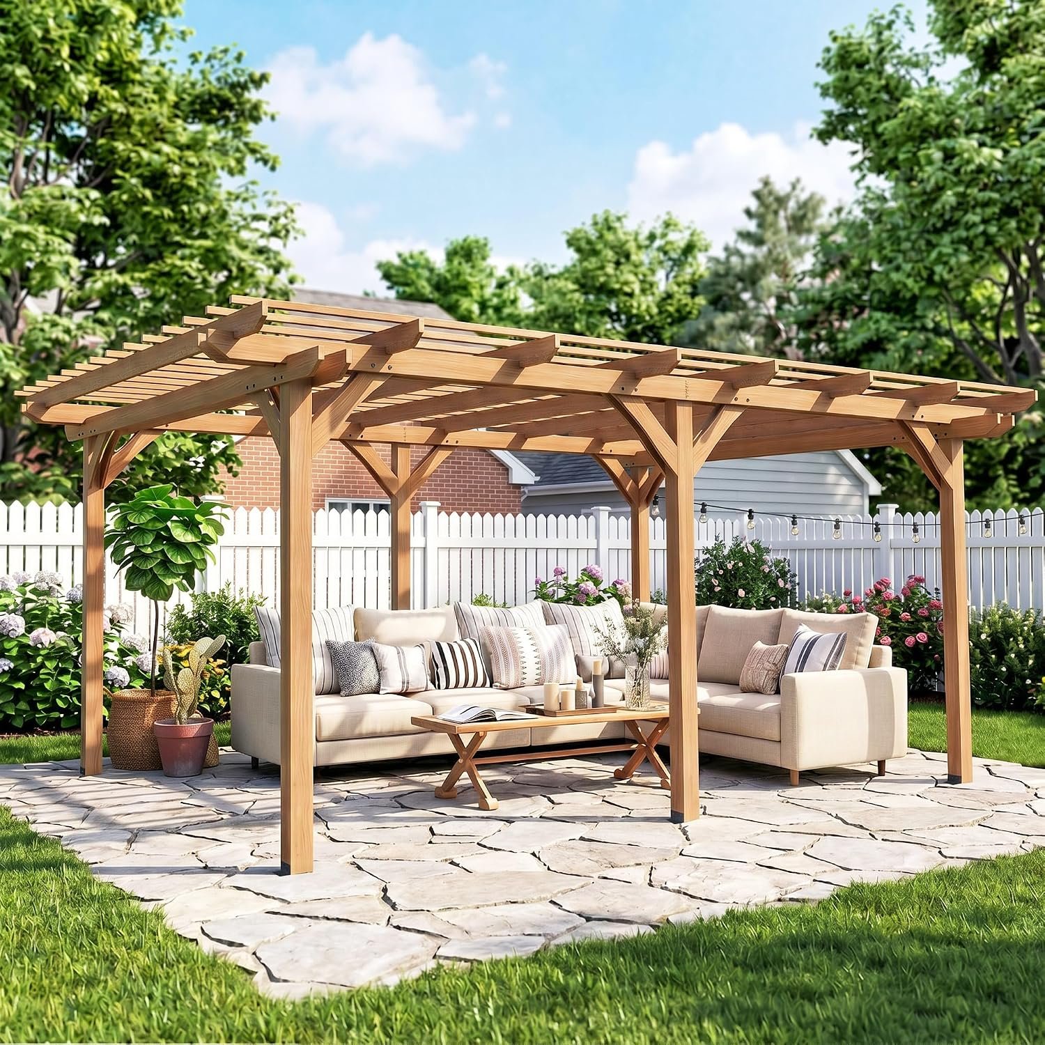 Outsunny 12′ x 16′ Outdoor Pergola, Wood Gazebo Grape Trellis with Stable Structure for Climbing Plant Support, Garden, Patio, Backyard, Deck, Brown