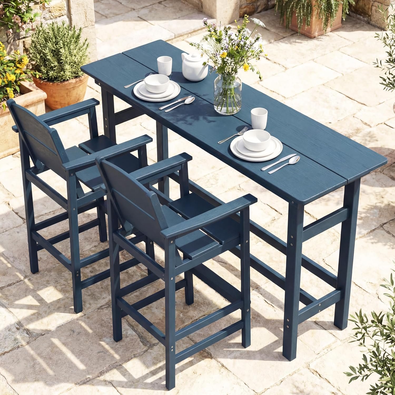 Outdoor Bar Table Set 3 Piece, HDPE Patio Bar Height Furniture Set with 2 Chairs, Small Space Patio Furniture, Weather Resistant Balcony Bistro Set for Garden, Deck, Porch, Deep Blue