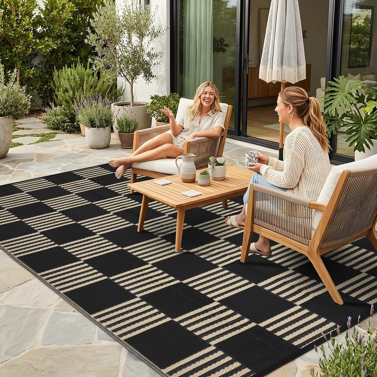 Garvee Waterproof Outdoor Rug 5×8, Checkered Foldable Plastic Straw Patio Camping Rug, Outdoor RV Carpet for Deck Camper Porch Balcony Backyard Picnic Beach Black and Brown