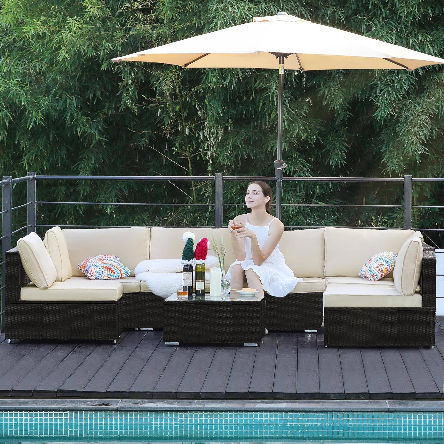 7-Piece Patio Furniture Set – Outdoor Sectional Sofa Set with Cushions and Glass-Top Coffee Table for Gardens, Poolside, Backyards and Porches, Beige/Black