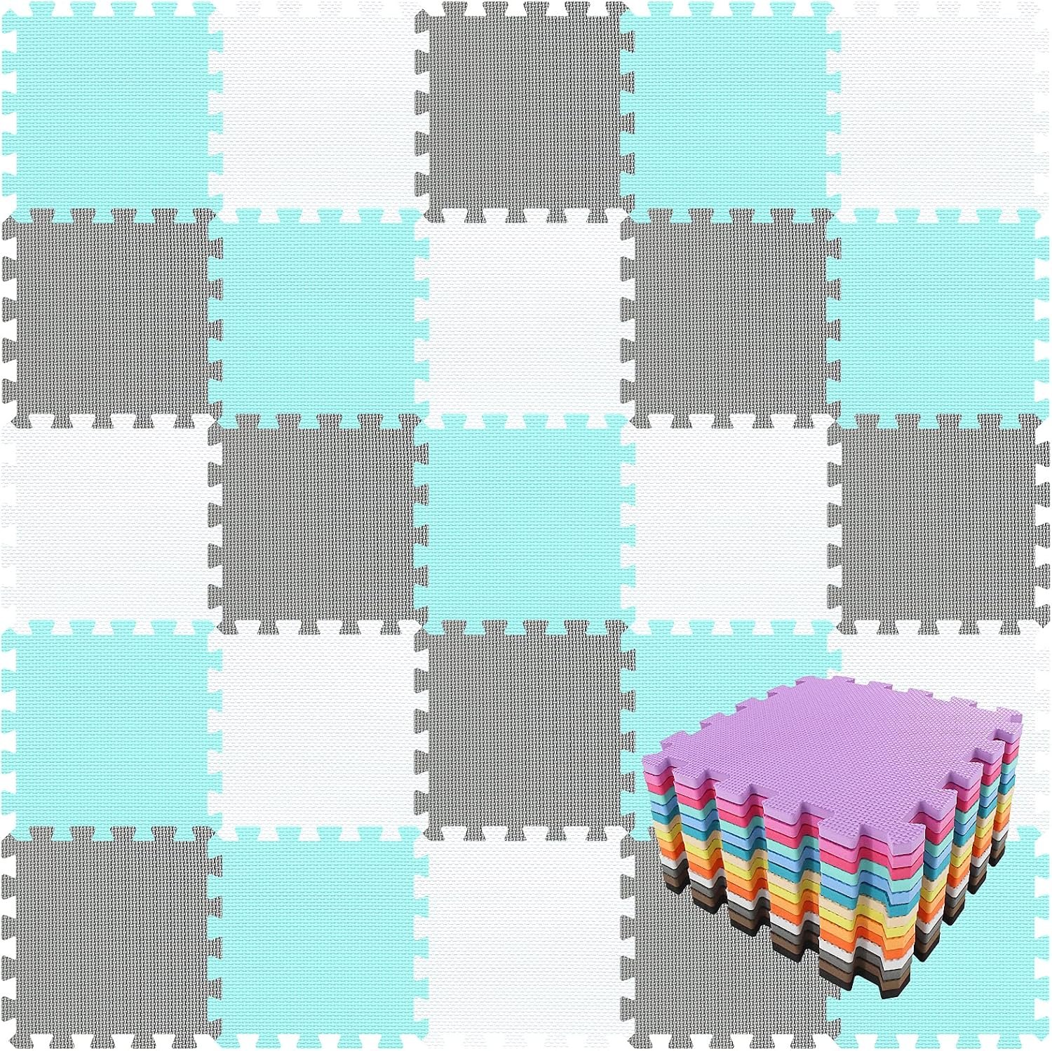 qqpp EVA Rubber 18 Tiles Interlocking Puzzle Foam Floor Mats – Baby Play Mat for Playing | Exercise Mat for Home Workout. White, Green, Gray. QC-AHLb18N