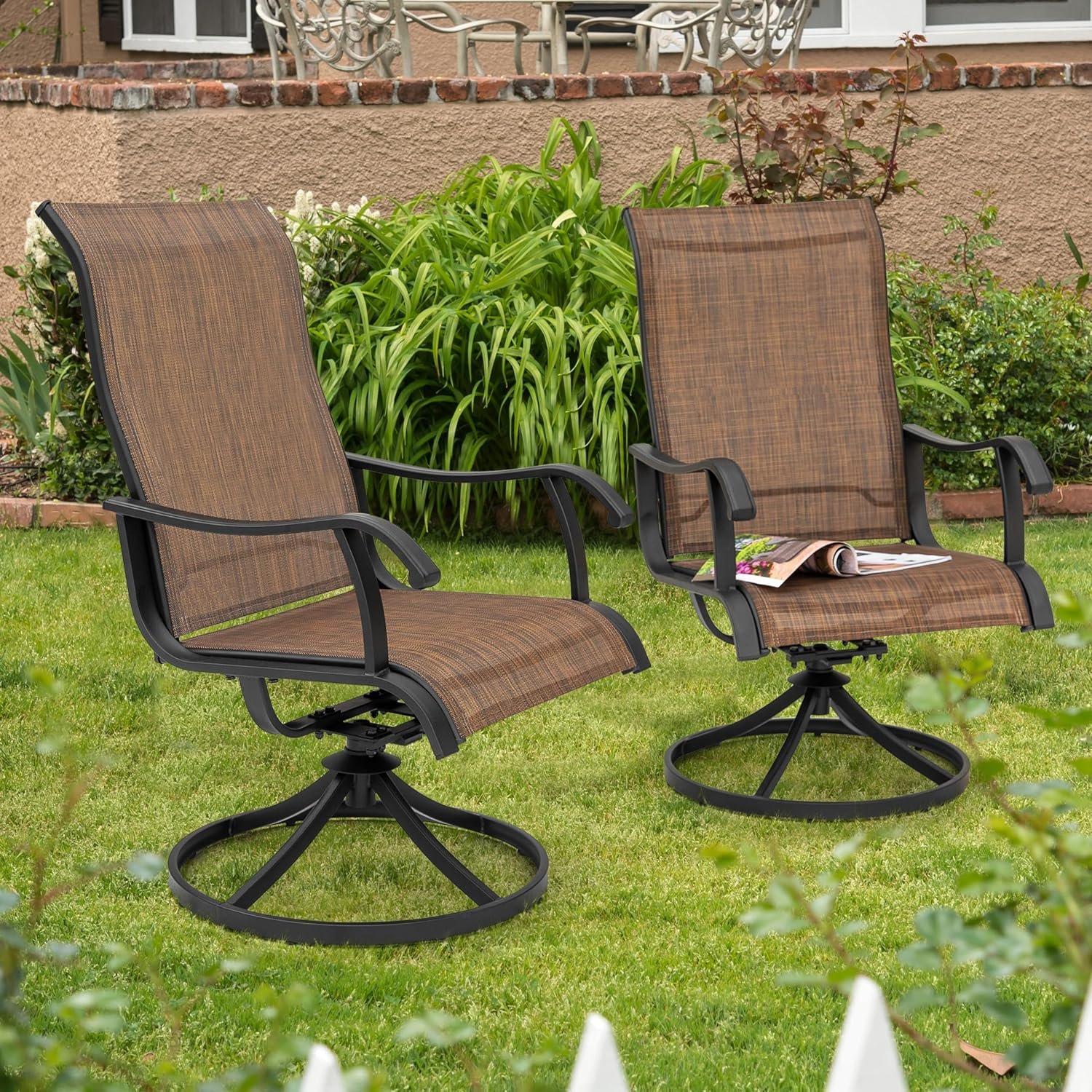 NUU GARDEN Patio Dining Chairs, Swivel Patio Sling Chairs Set of 2, All-Weather Textilene Outdoor Swivel Rocker Dining Chairs with Metal Frame for Lawn Garden Backyard, Brown